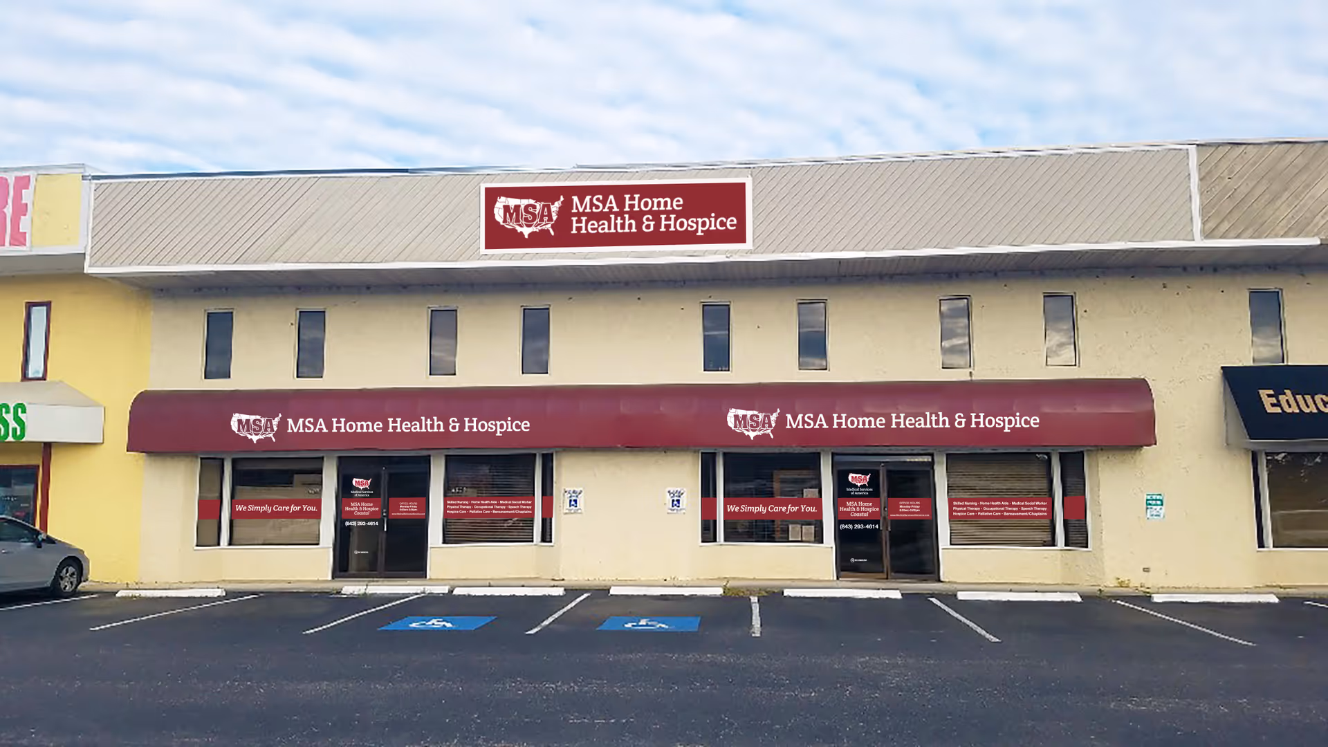 Exterior of a beige building with MSA Home Health & Hospice storefronts and maroon awnings.