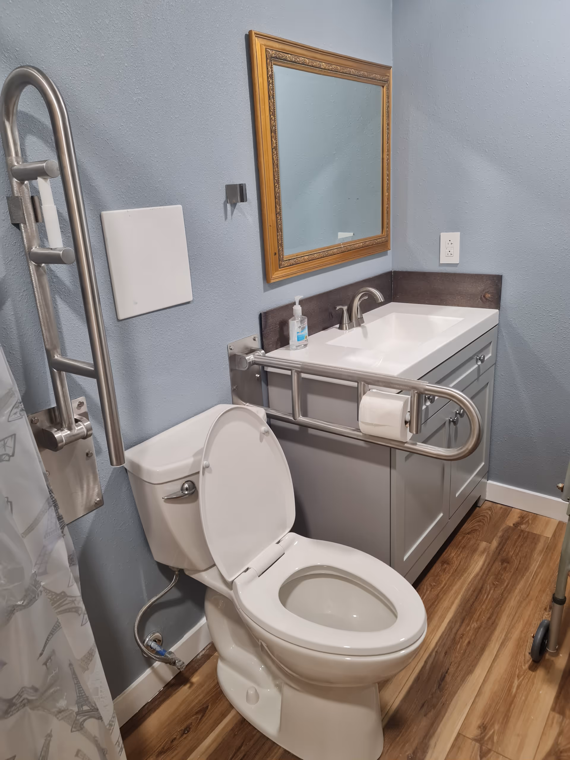 Accessible bathroom with toilet, sink, grab bars, mirror, and wood-look flooring.