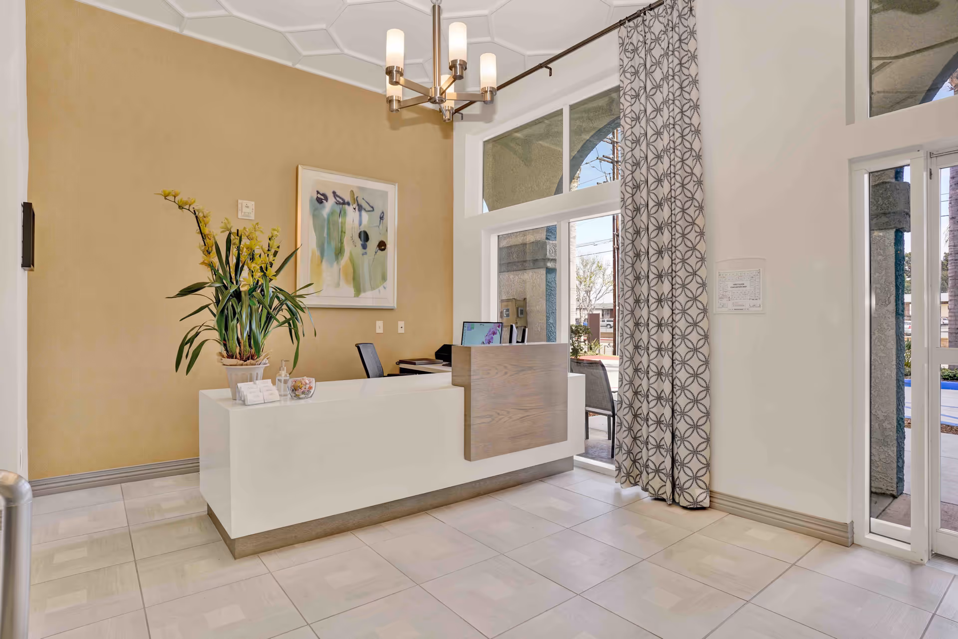 Bright lobby reception desk with a potted plant, wall art, chandelier and large windows with patterned curtains.