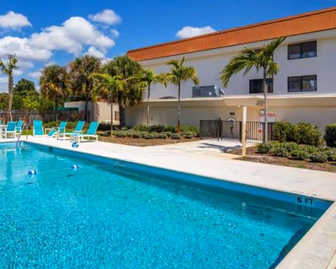 Outdoor swimming pool with lounge chairs and palm trees beside a low-rise building under a blue sky.