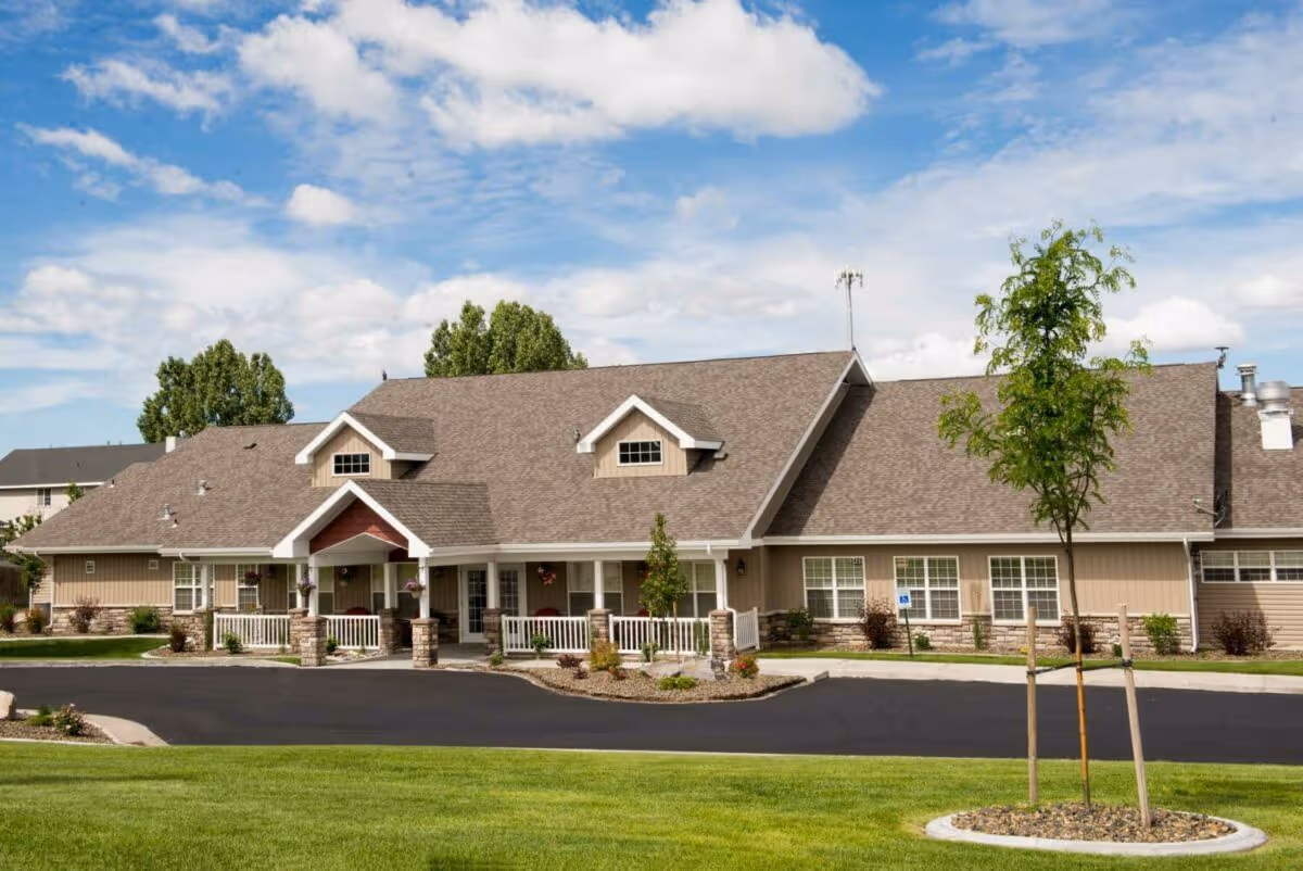 Front view of The Gables Assisted Living Idaho Falls, featuring a landscaped entry.