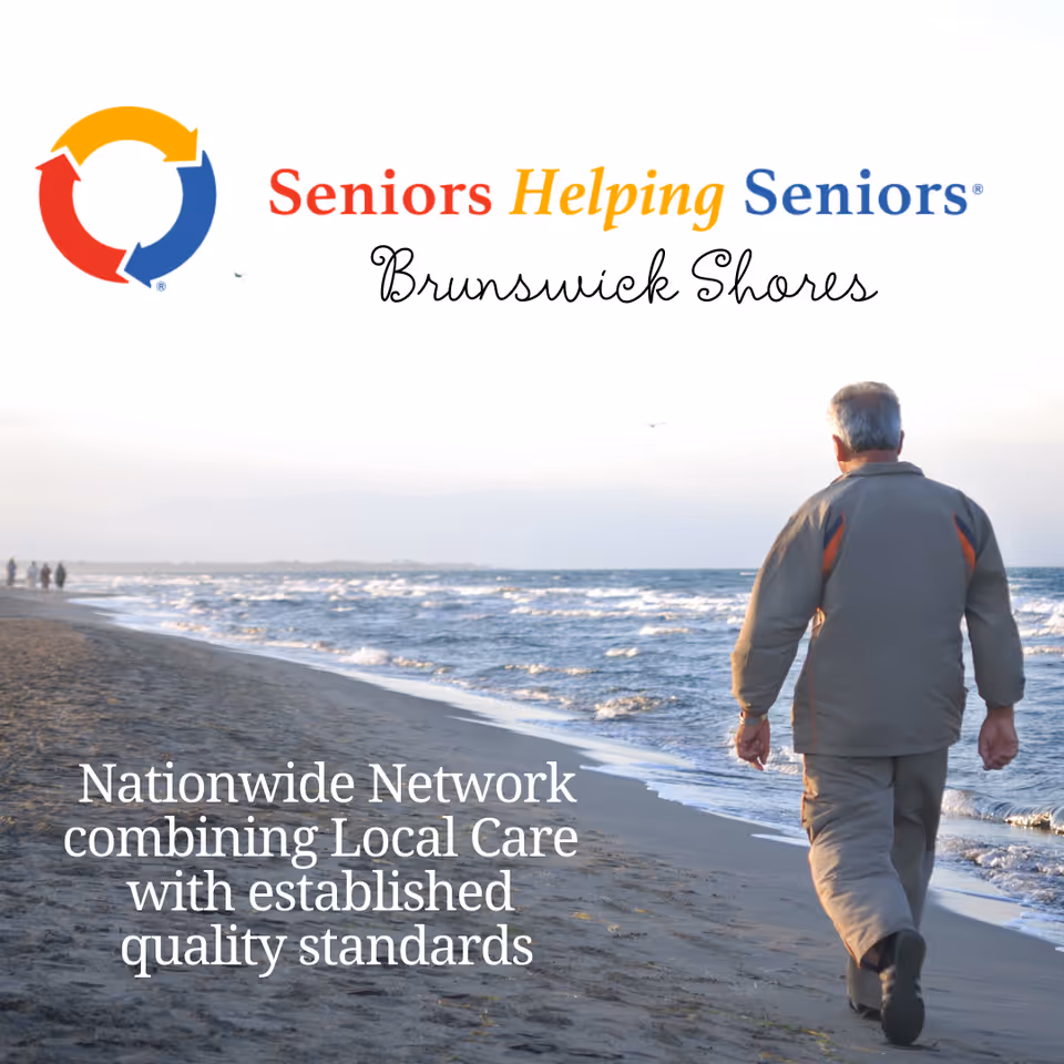 An elderly man walks along a beach with the Seniors Helping Seniors Brunswick Shores logo.