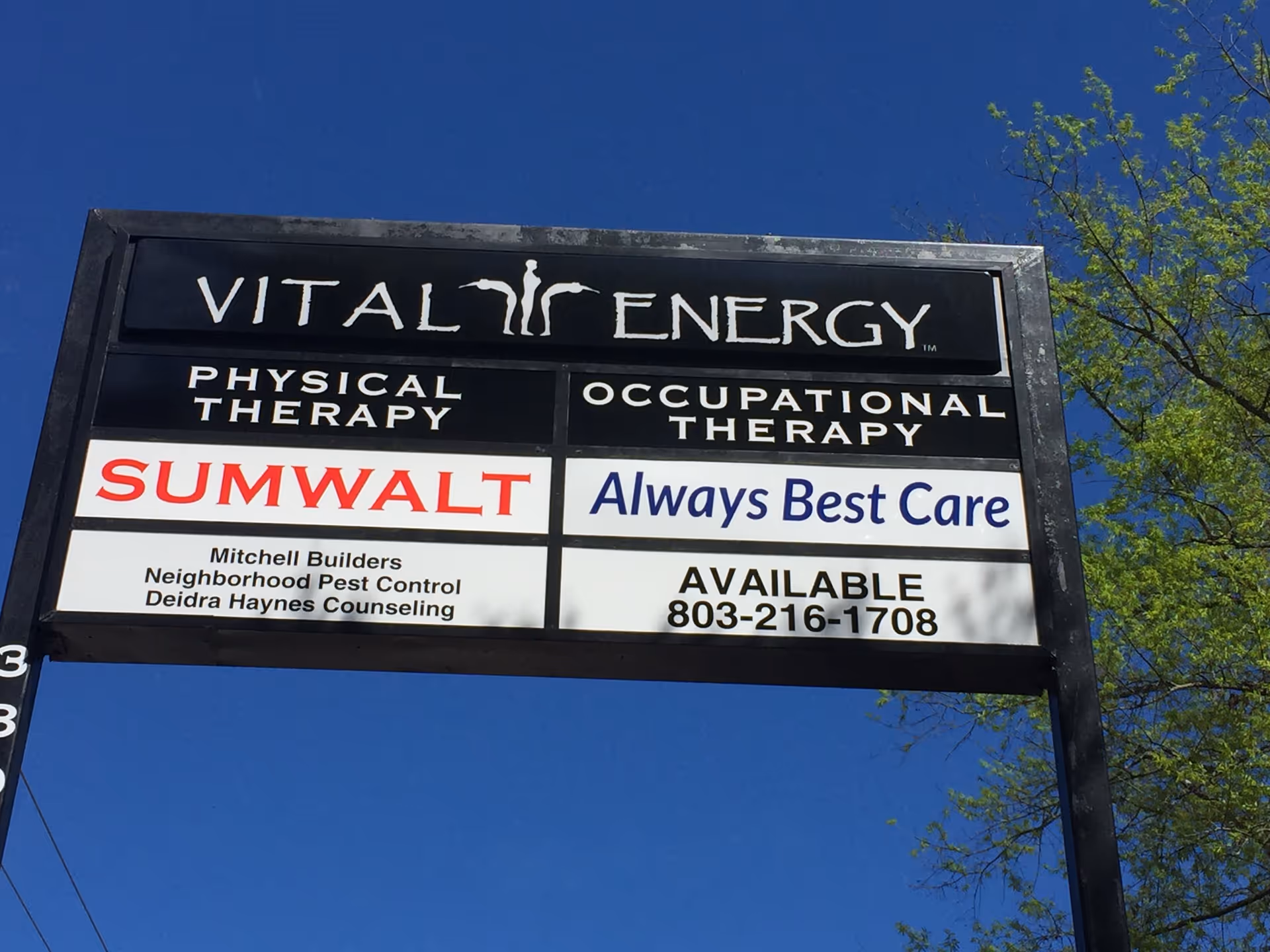Outdoor signboard shows business names like Always Best Care and Vital Energy.