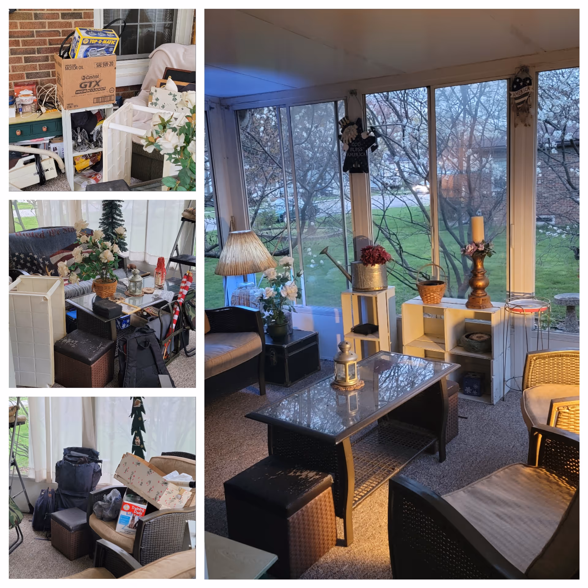 Bright enclosed sunroom with glass windows, wicker furniture, plants, and decorative shelves.