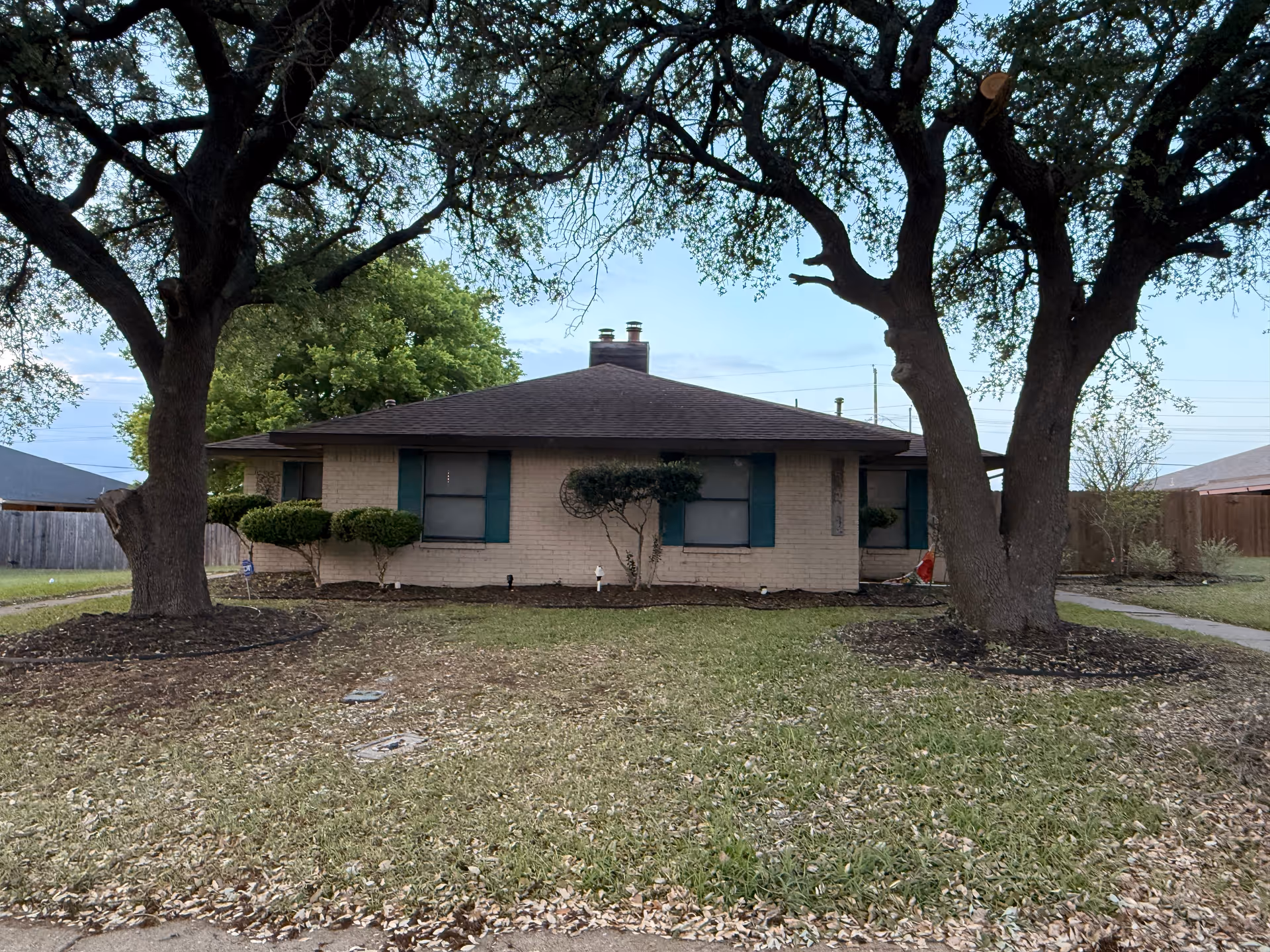 Single-story beige brick building with green shutters, front yard and large trees framing the entrance.