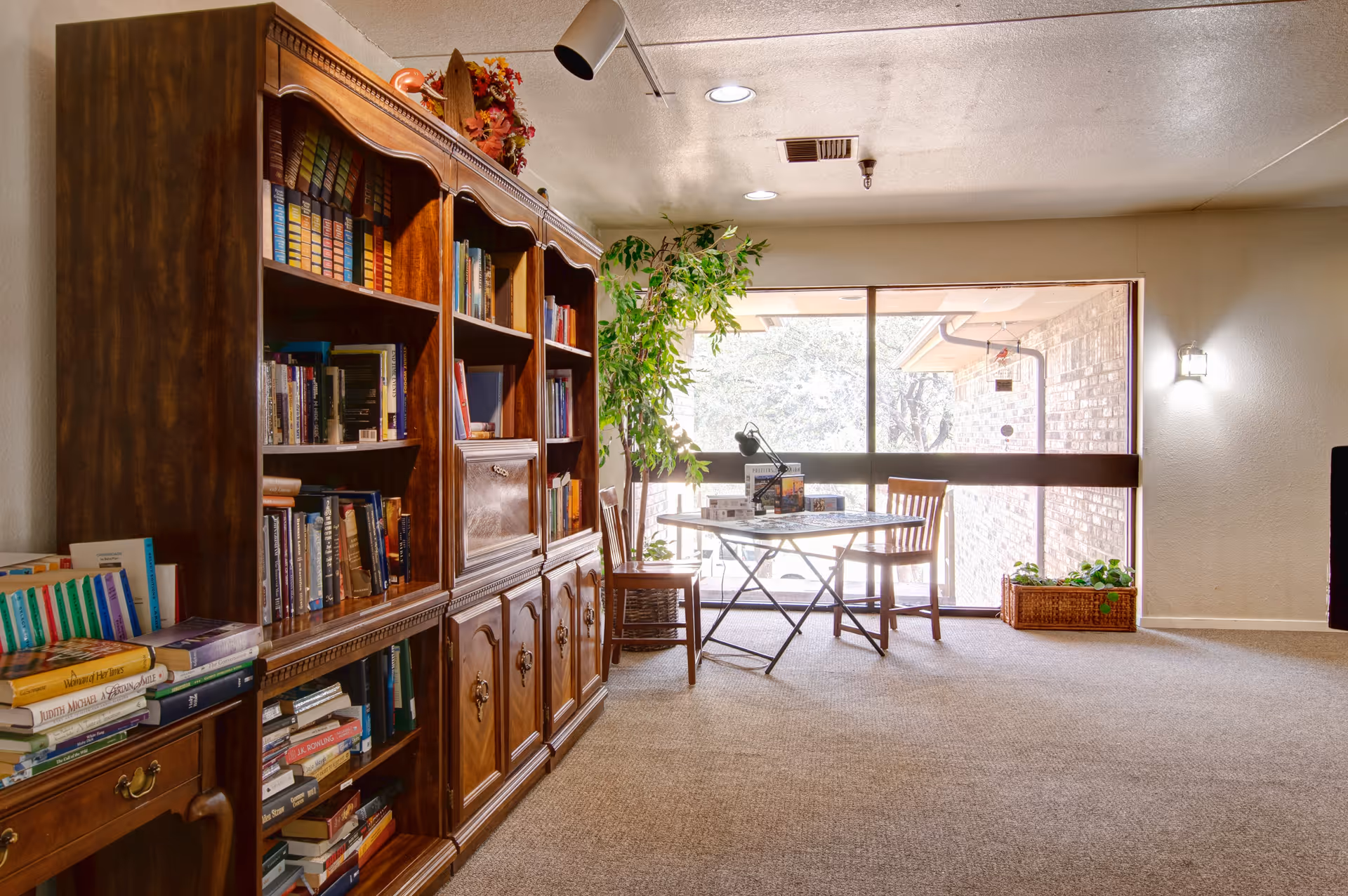 A cozy reading or sitting area with a large wooden bookshelf filled with books on the left side, a small table with two wooden chairs near a large window letting in natural light, and a potted plant beside the window. The room has carpeted flooring and neutral-colored walls.