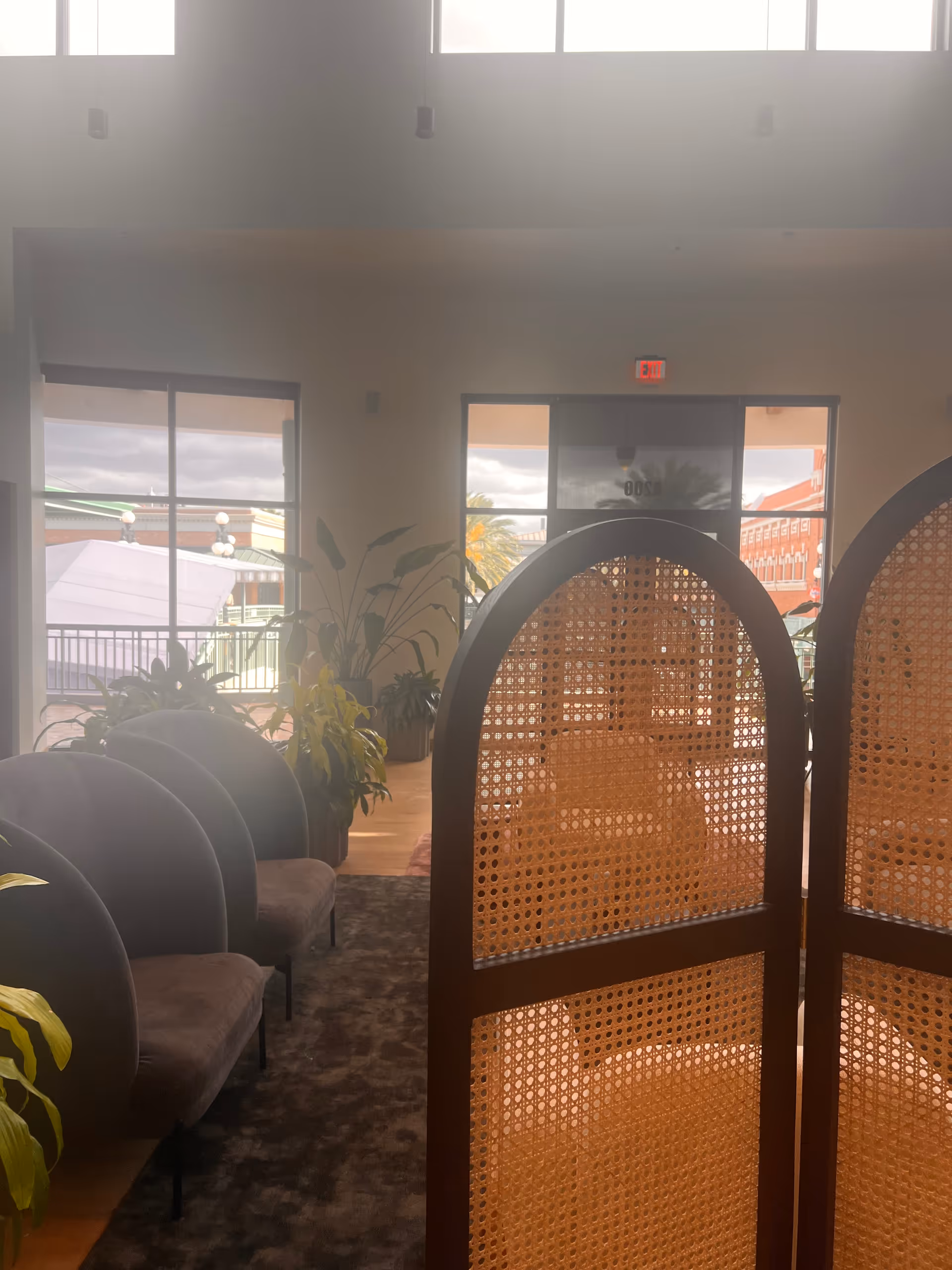 Indoor lobby area with curved chairs, plants, and a woven room divider near large windows.