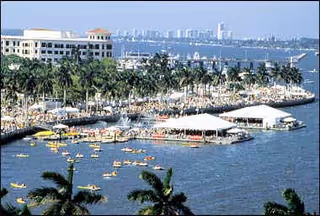 Waterfront marina scene with palm trees, docked boats, and white canopies.
