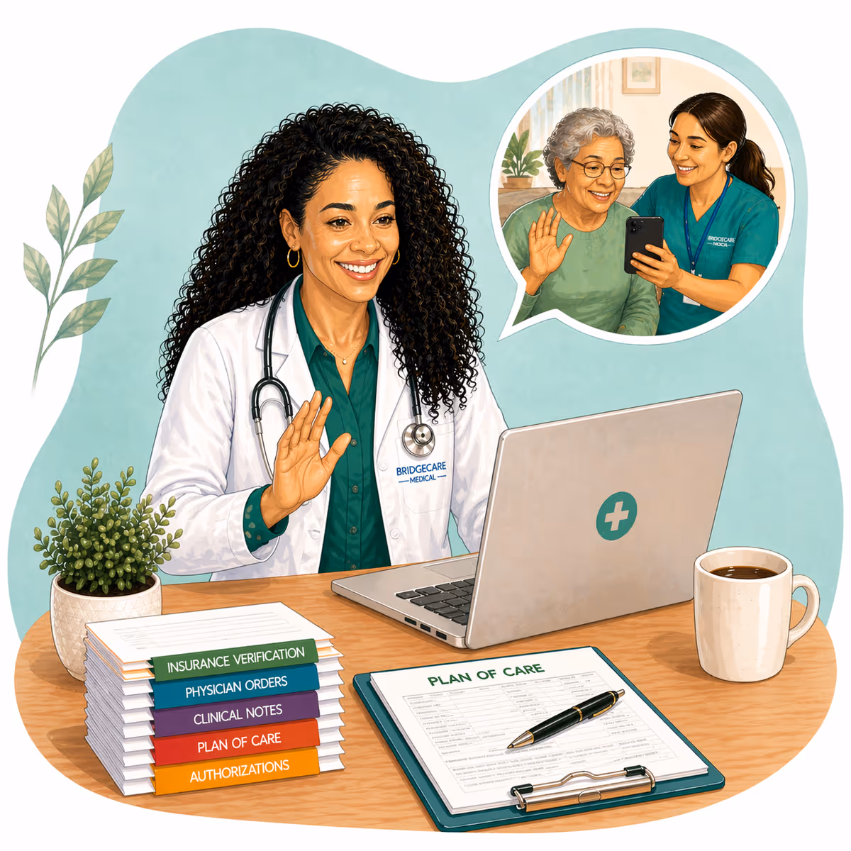 Illustrated clinician at a desk with laptop, files, plant, and a patient in an inset.