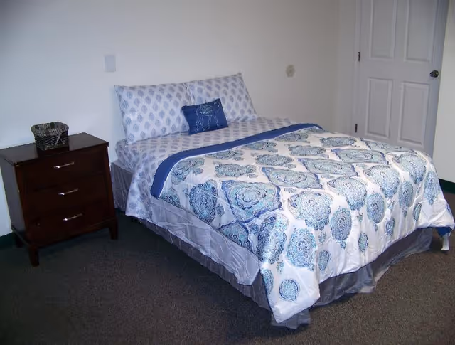 Simple bedroom with a made bed draped in blue patterned bedding, a wooden nightstand, and a closed white door.