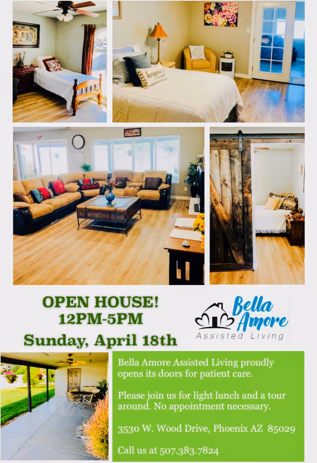 Collage of Bella Amore Assisted Living interiors including living areas and bedrooms
