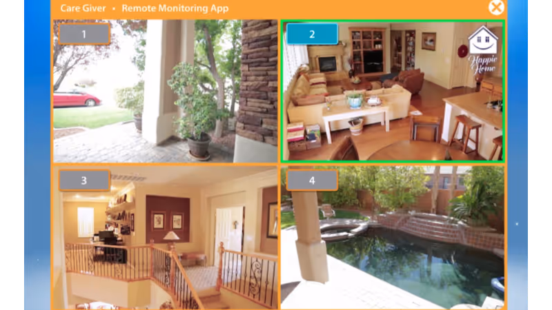 Collage showing living room, entryway, hallway, and outdoor pool area.
