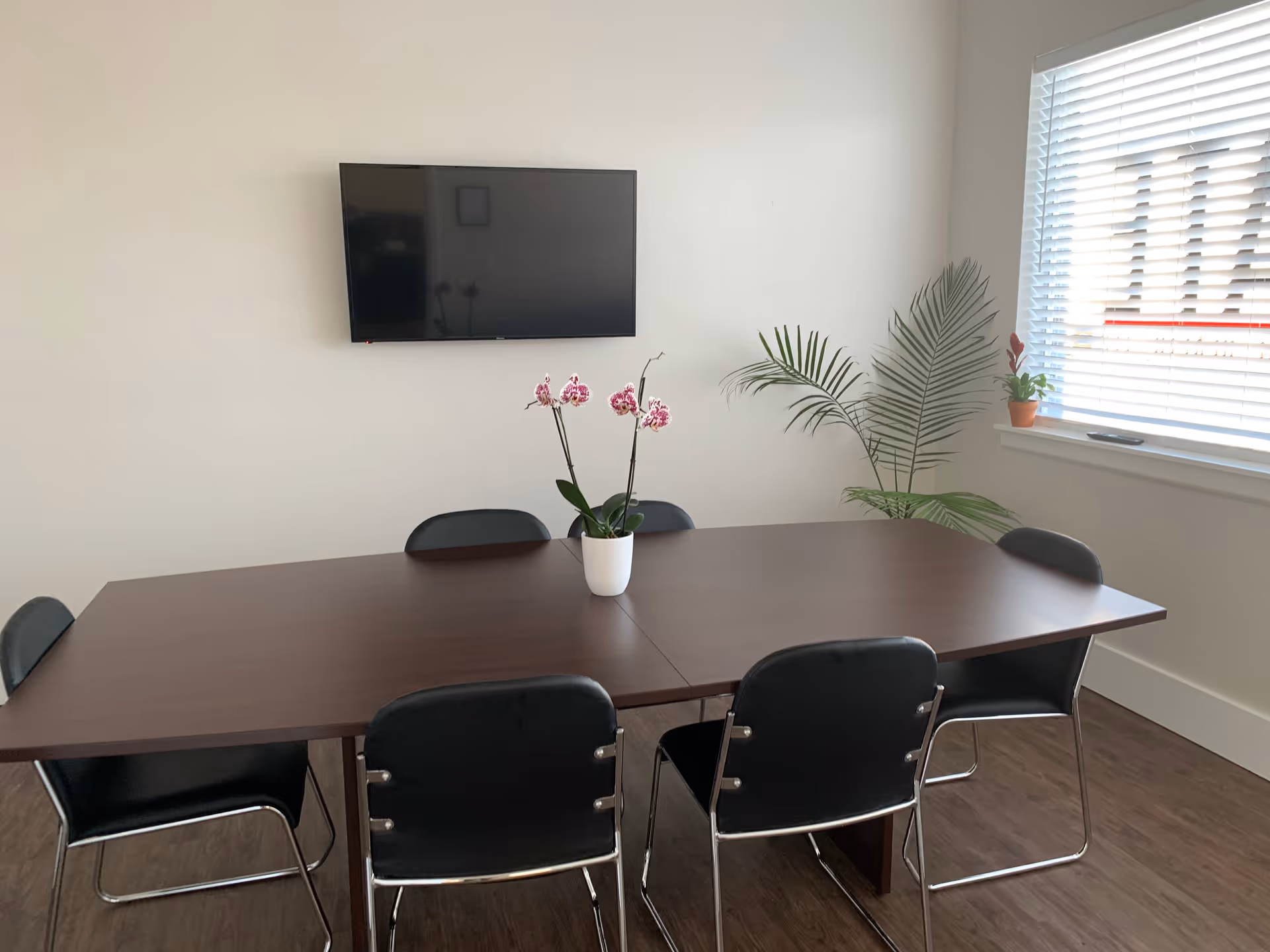 A conference room with a dark wood table, chairs, TV, and plants.