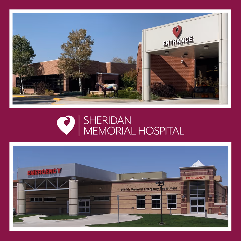 Two exterior photos of Sheridan Memorial Hospital with entrance and emergency department