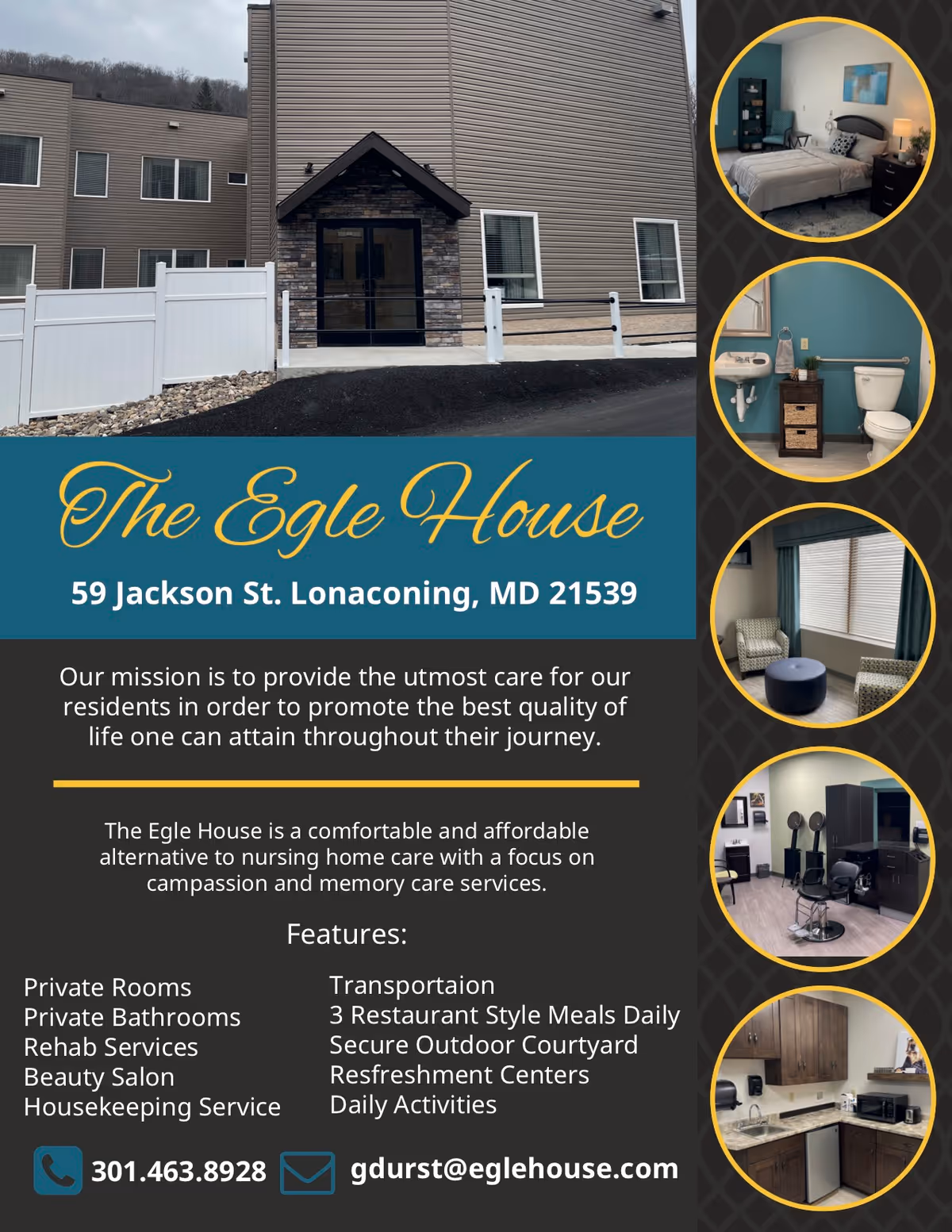 Exterior view of The Egle House Memory Care building with circular interior photo insets.