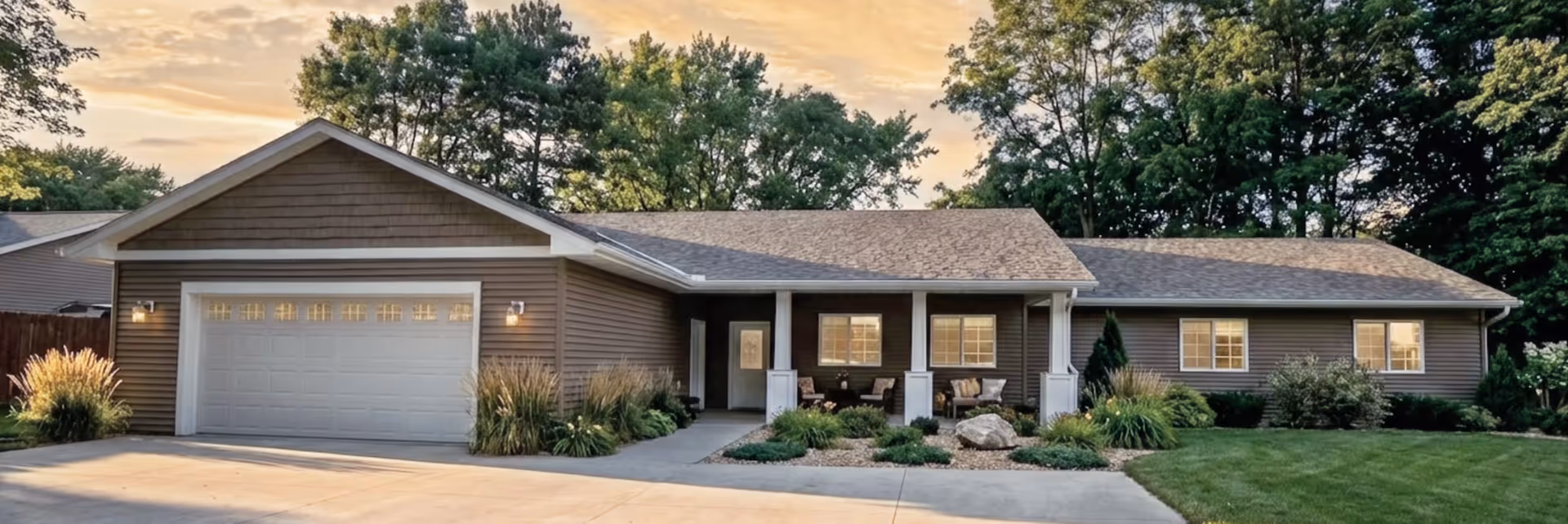 Single-story assisted living facility exterior with a two car garage and landscaped front yard.