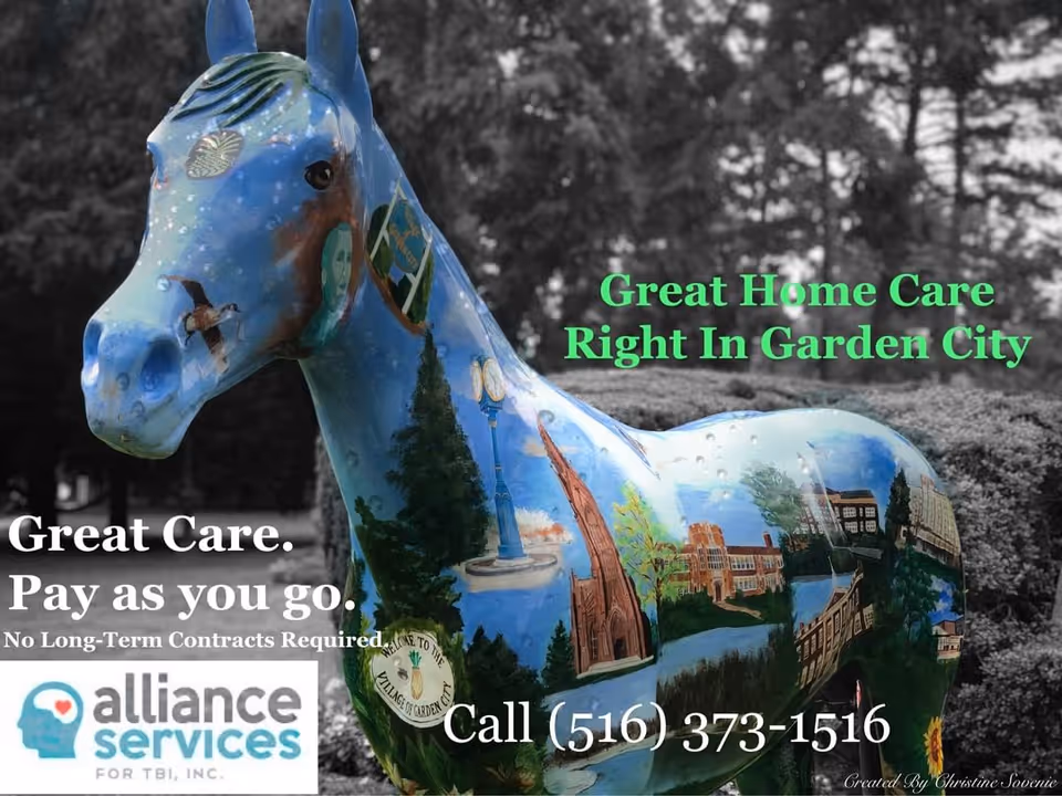 Outdoor painted blue horse statue with promotional text for Alliance Services for TBI, in Garden City.
