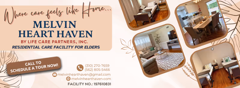 Collage promoting Melvin Heart Haven shows interior rooms, including living and dining spaces.