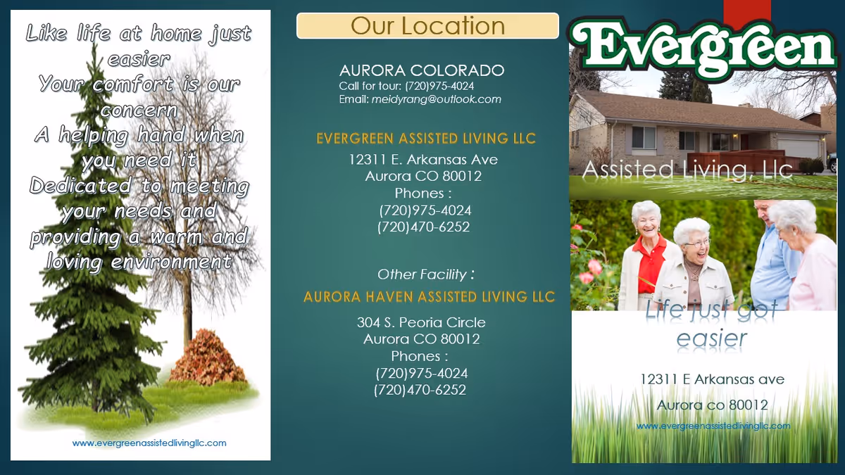 Three panel Evergreen Assisted Living brochure showing a building, teal contact panel, and smiling seniors.