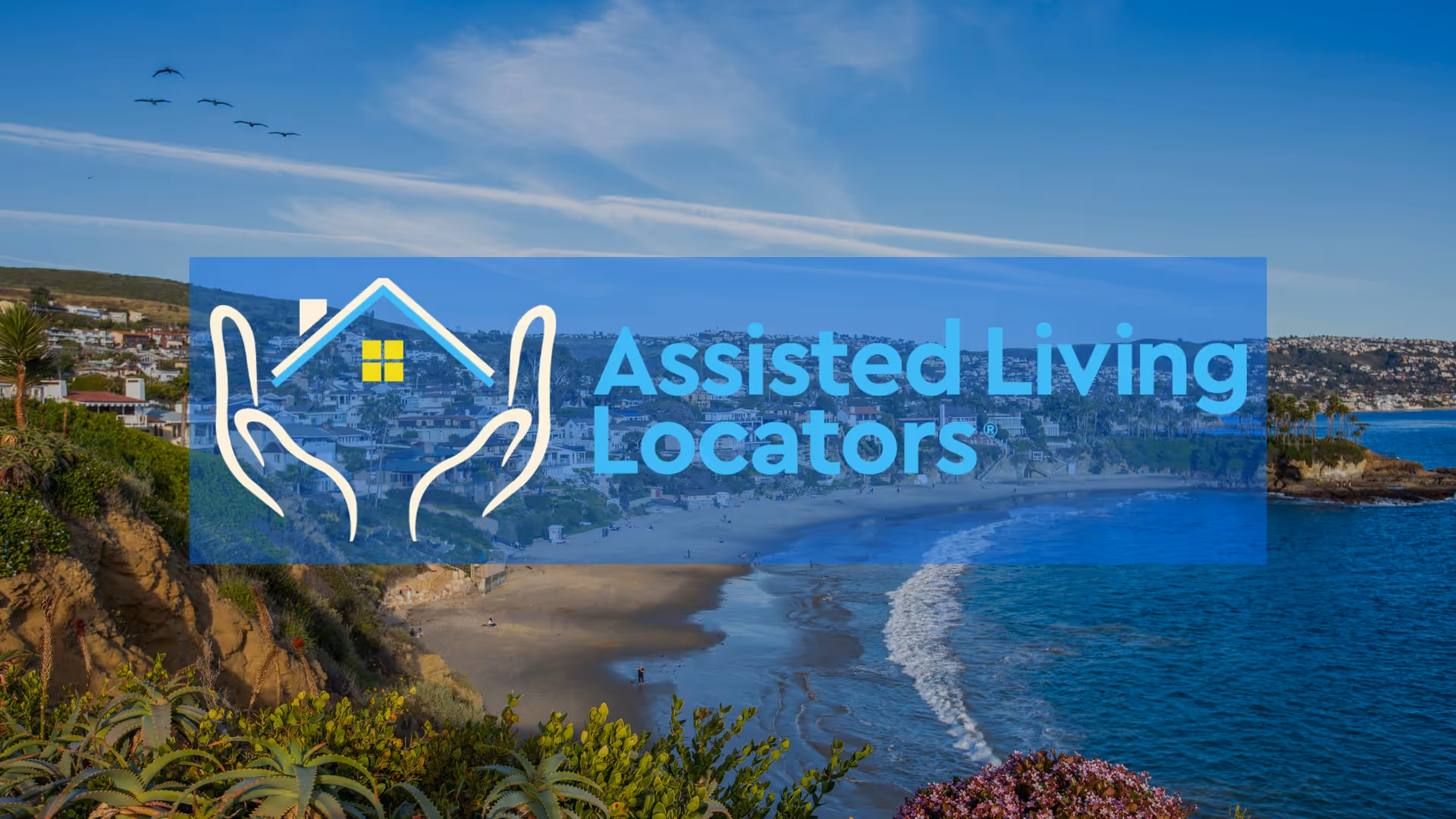 Coastal shoreline with blue water and hillside town, overlaid with Assisted Living Locators logo.