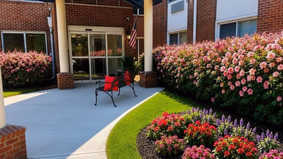 Entrance to Forest Acres Post Acute featuring a flowered courtyard and outdoor seating.
