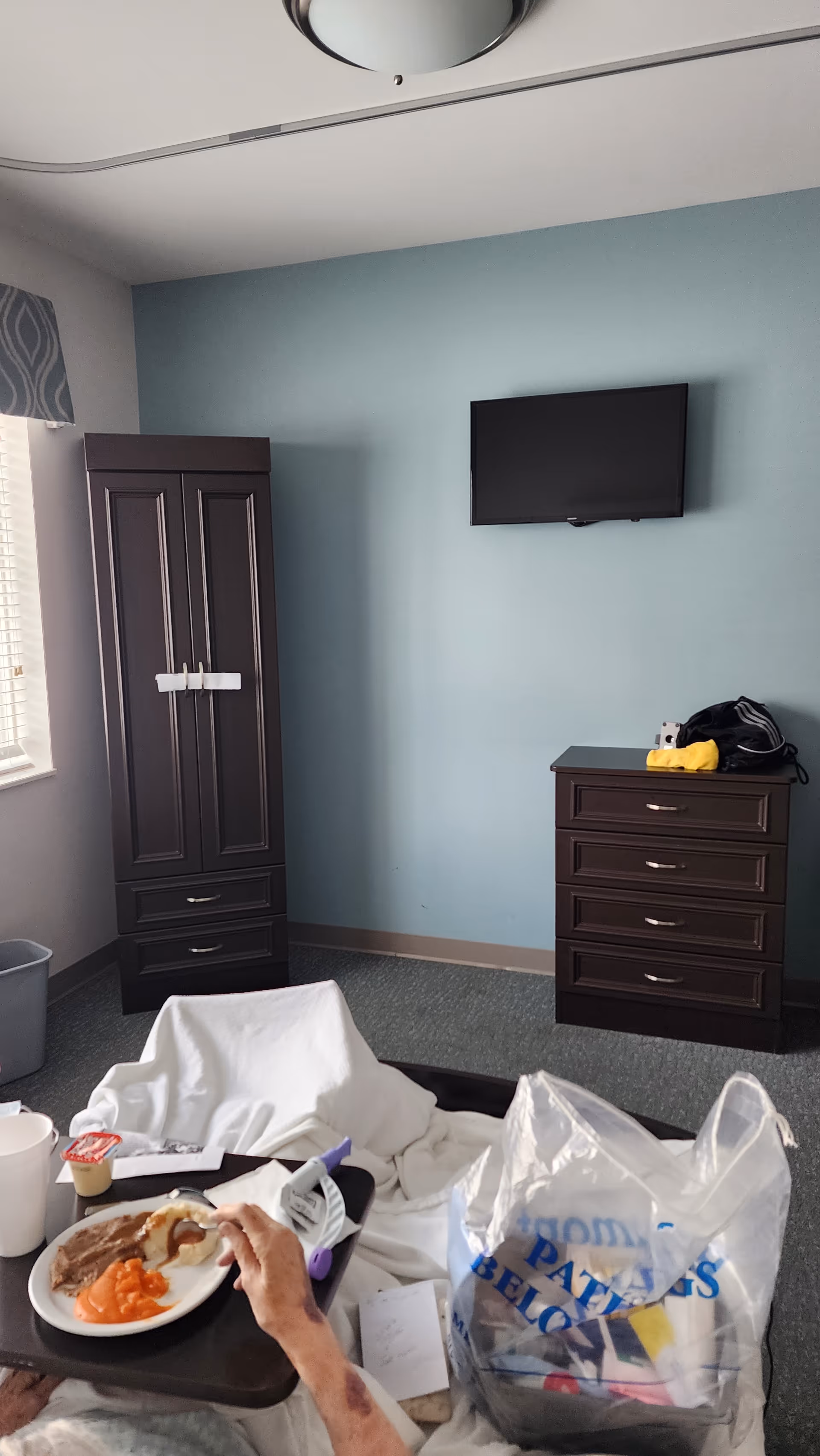 Bedroom at Regency at St Clair Shores with bed, dresser, wardrobe, and mounted TV.