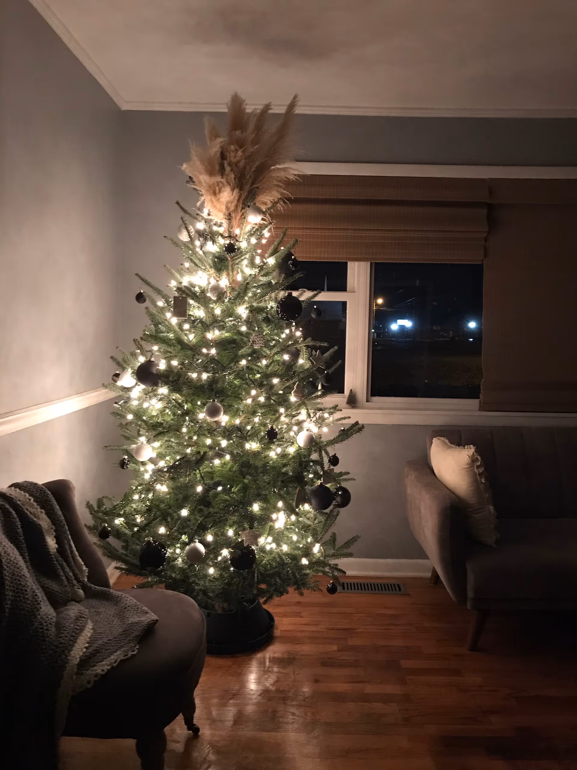 A decorated Christmas tree with white lights stands in a cozy living room.