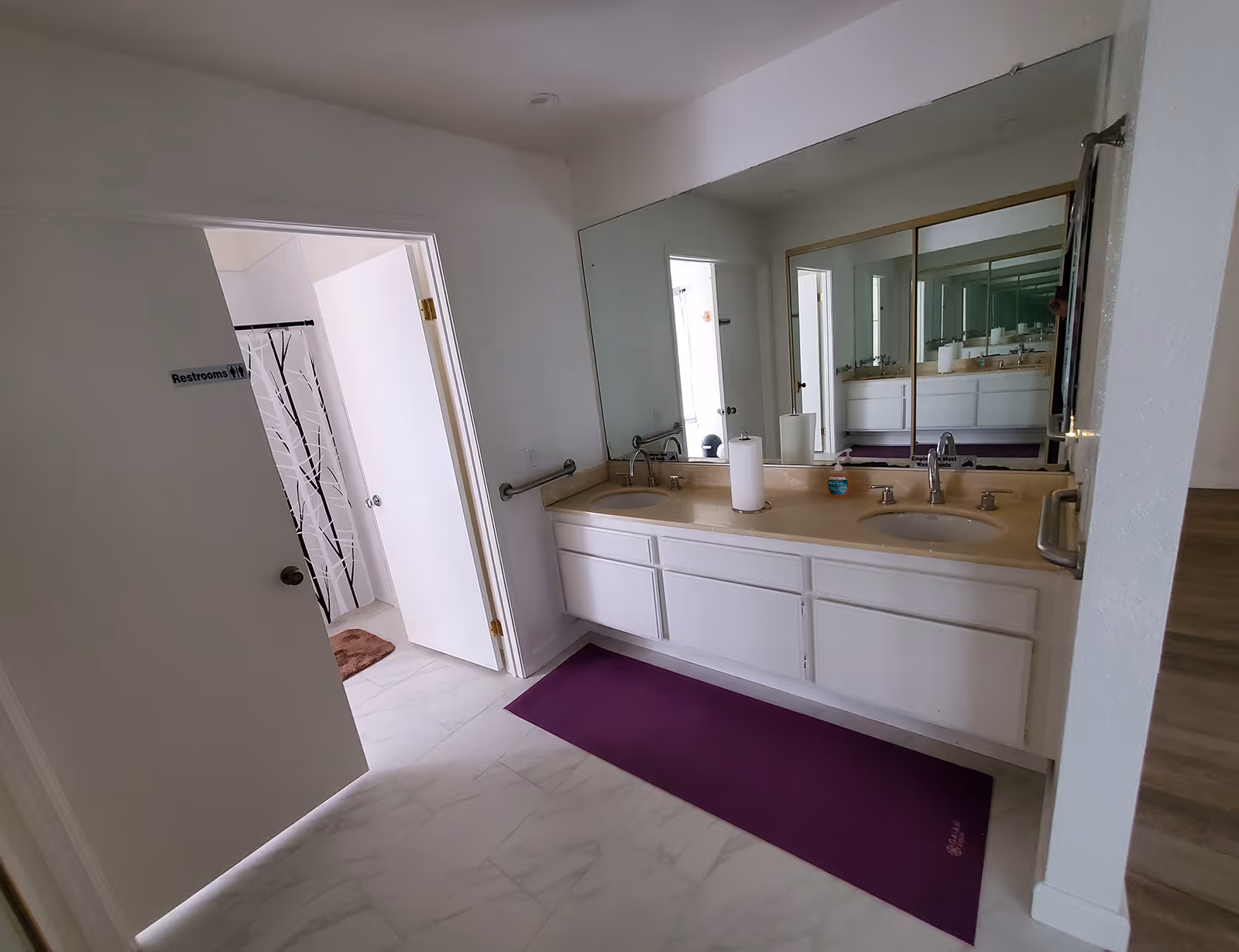 Double-sink bathroom vanity with large mirror and purple mat.