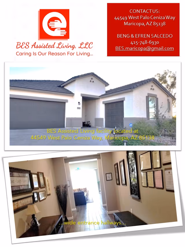 Exterior and interior photos of BES Assisted Living facility showing front entrance and hallway.