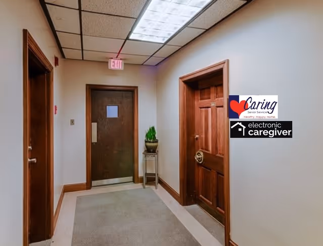 Hallway with wooden doors, ceiling lights, and a plant near the exit sign.