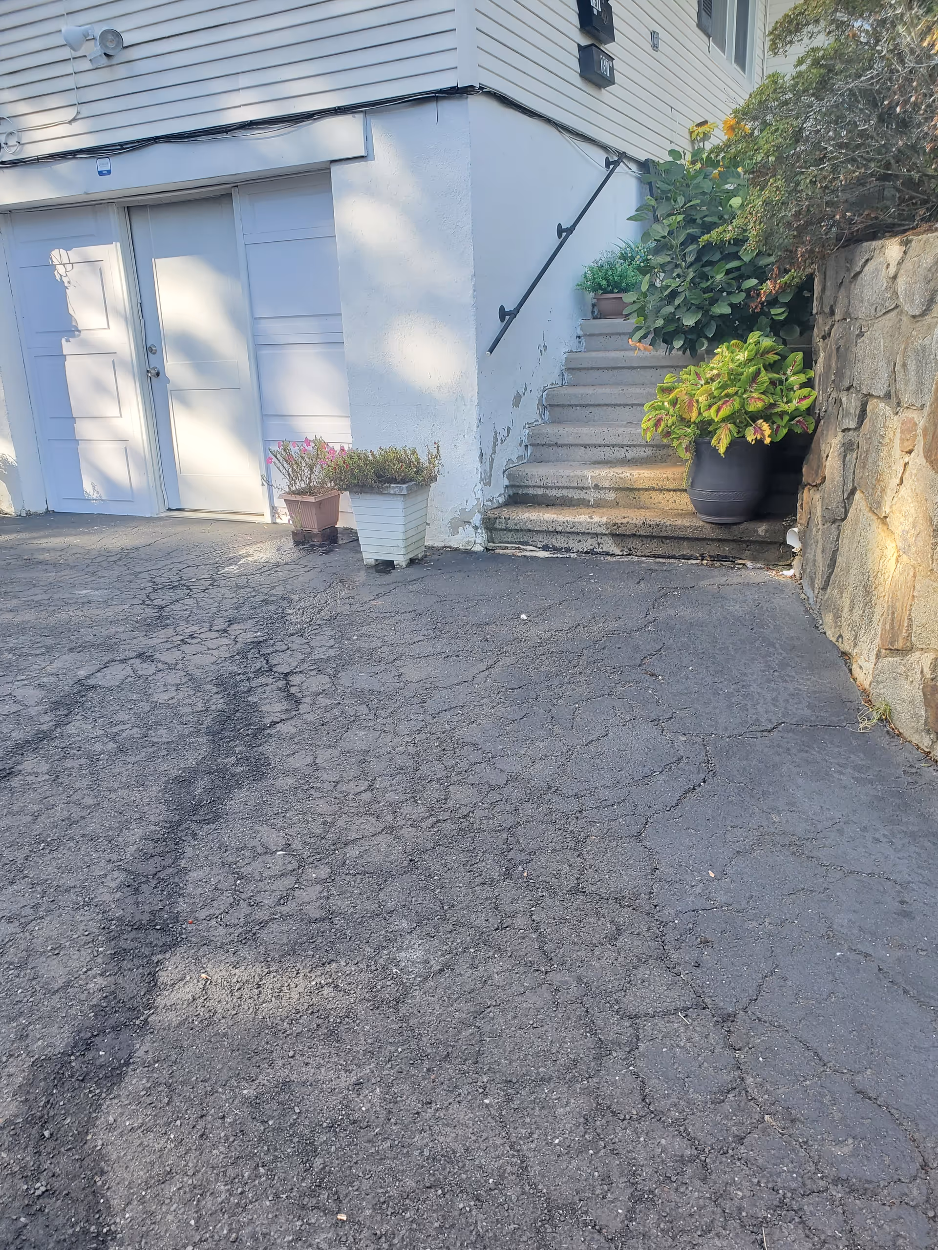 Exterior view of a building entrance with stairs, potted plants, and cracked asphalt.