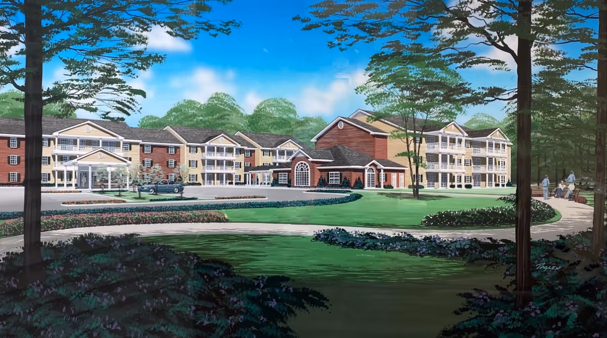 Exterior view of Langdale Place senior living campus with brick buildings and landscaped grounds.