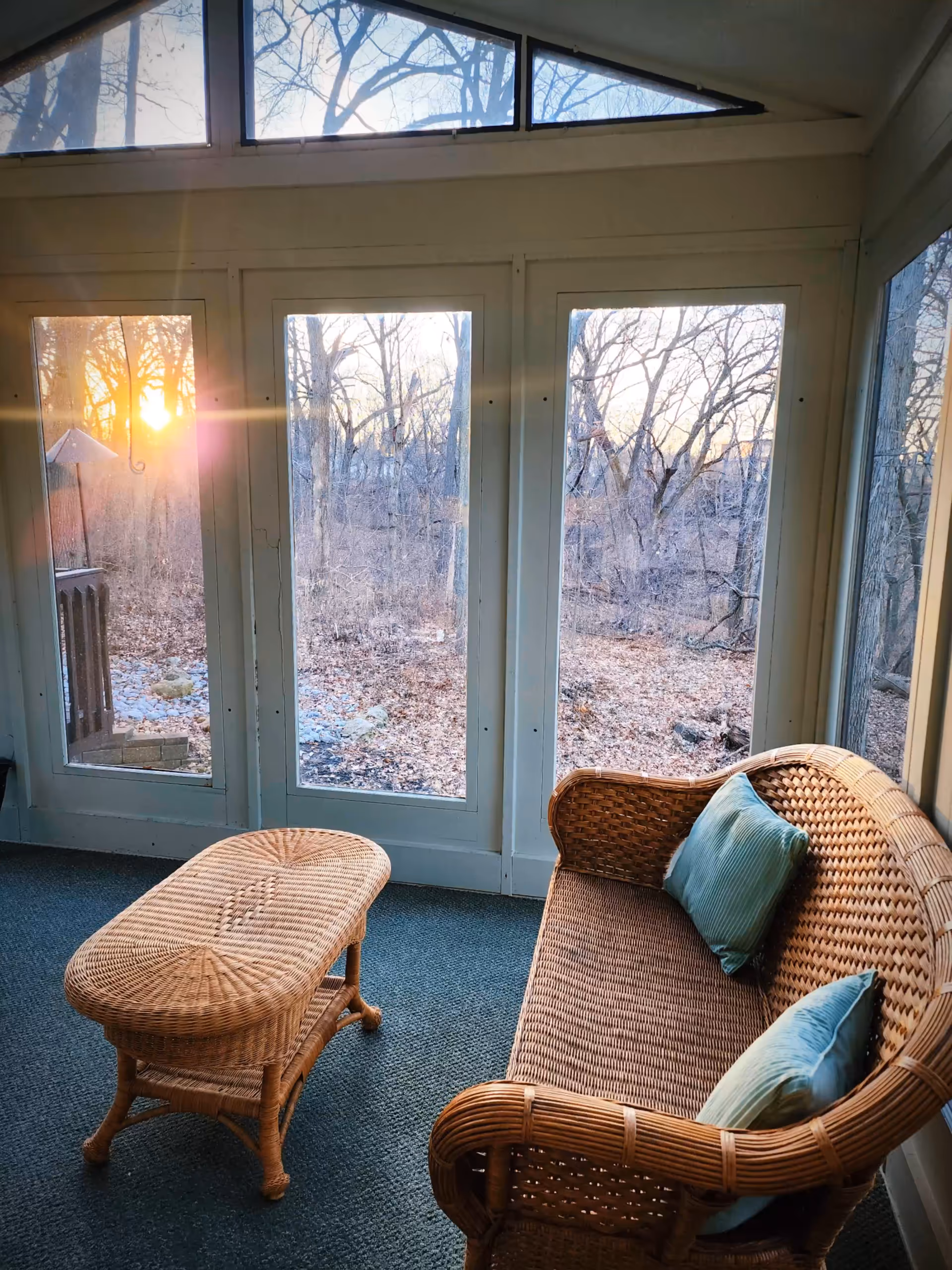 Sunlit wicker loveseat and coffee table in a glass-enclosed living area overlooking trees.