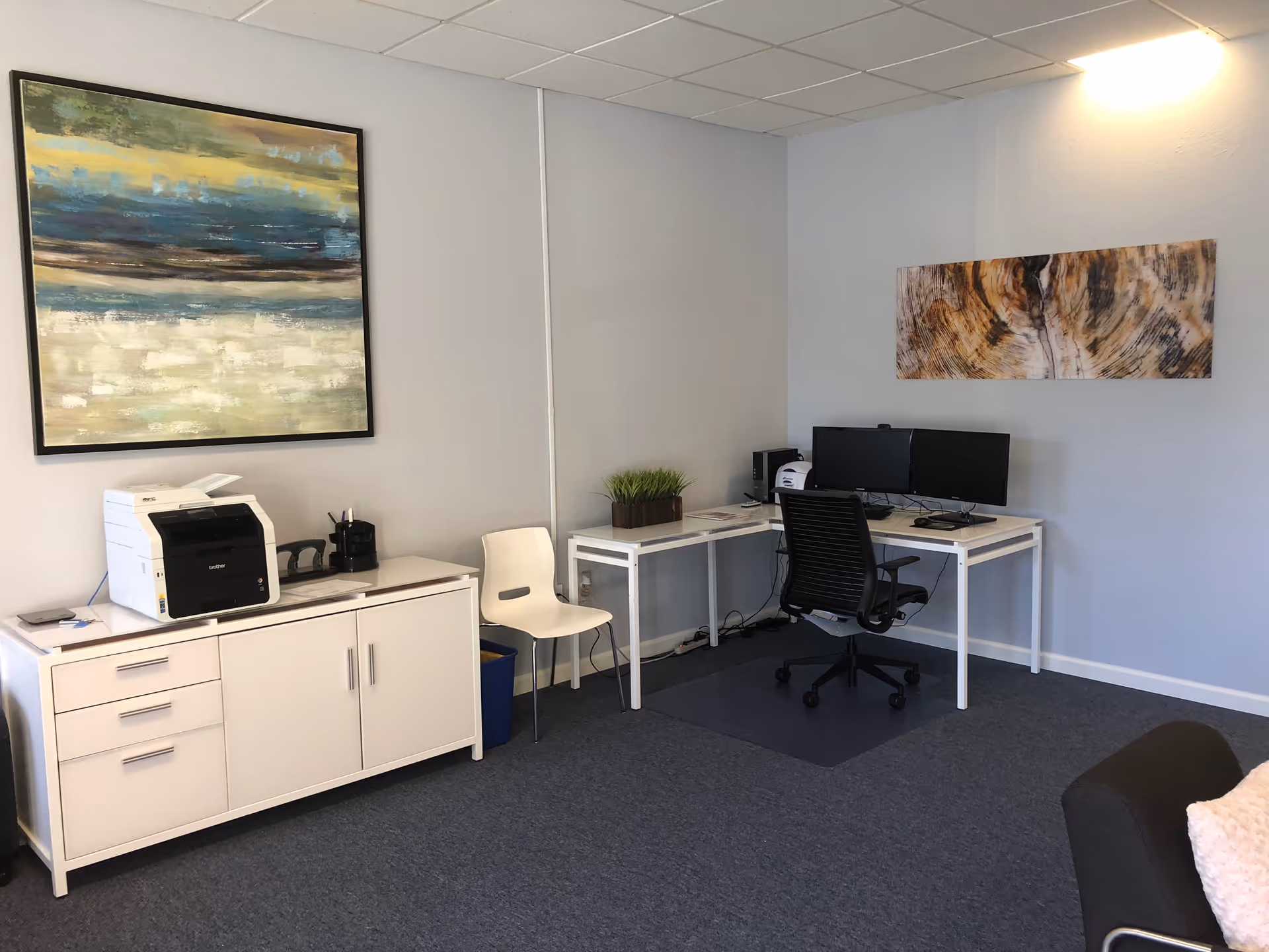 Interior office area with two desks, monitors, printer, and wall art.