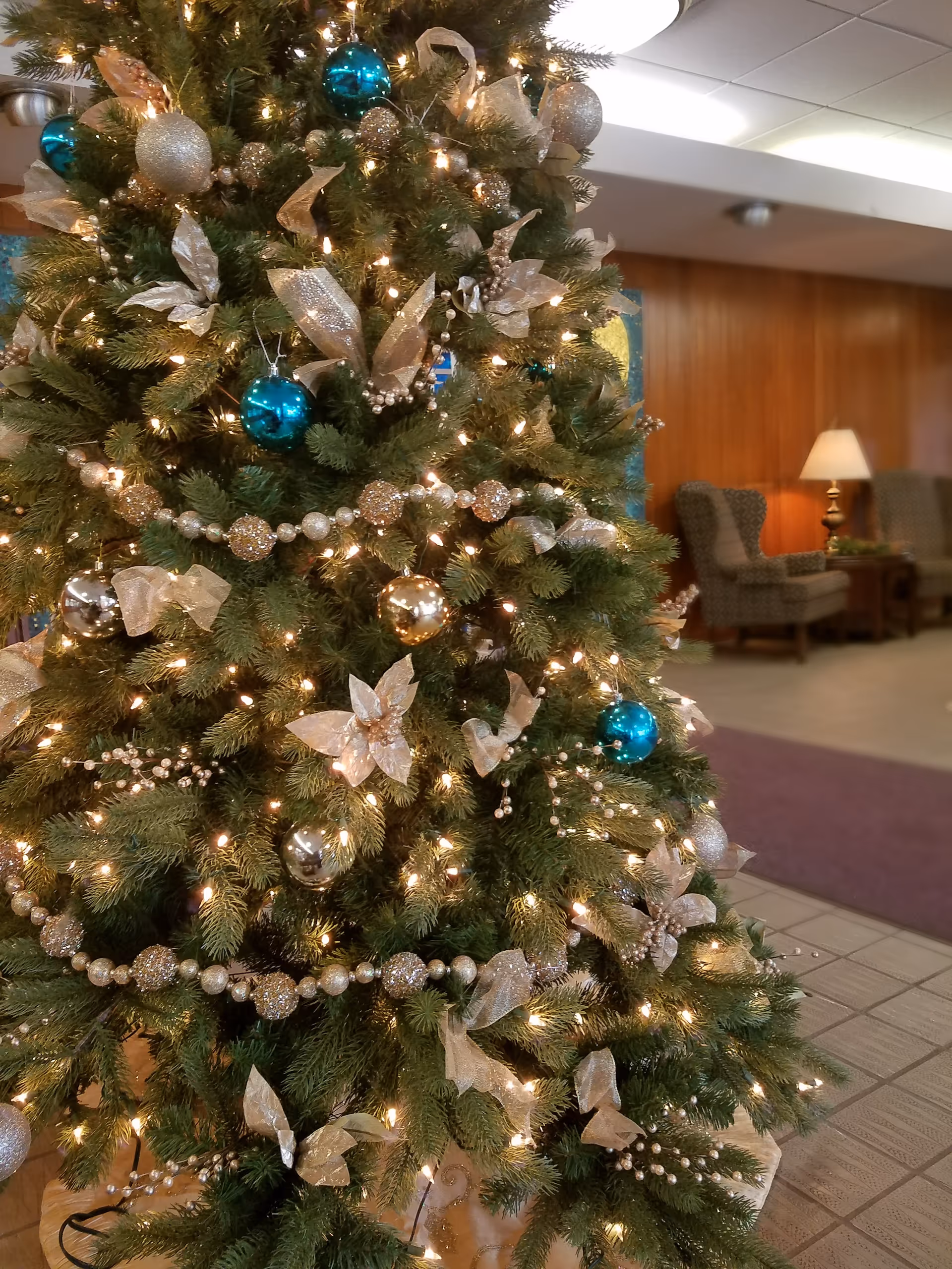 Large Christmas tree decorated with lights and ornaments in a senior living facility lobby.