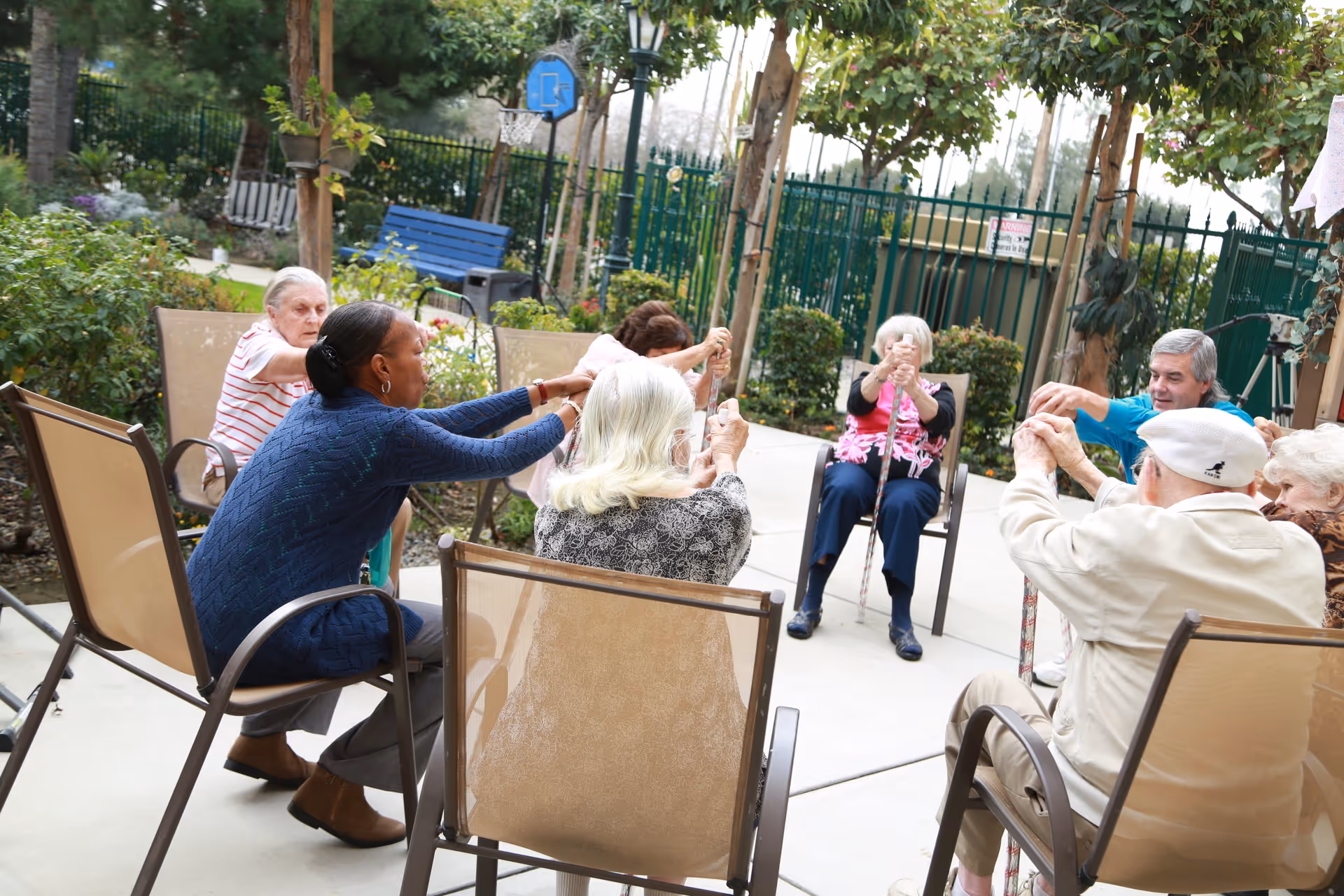 A group of elderly people sitting in a circle outdoors, participating in a seated exercise session using walking sticks, surrounded by trees and garden plants with a basketball hoop and blue bench in the background.