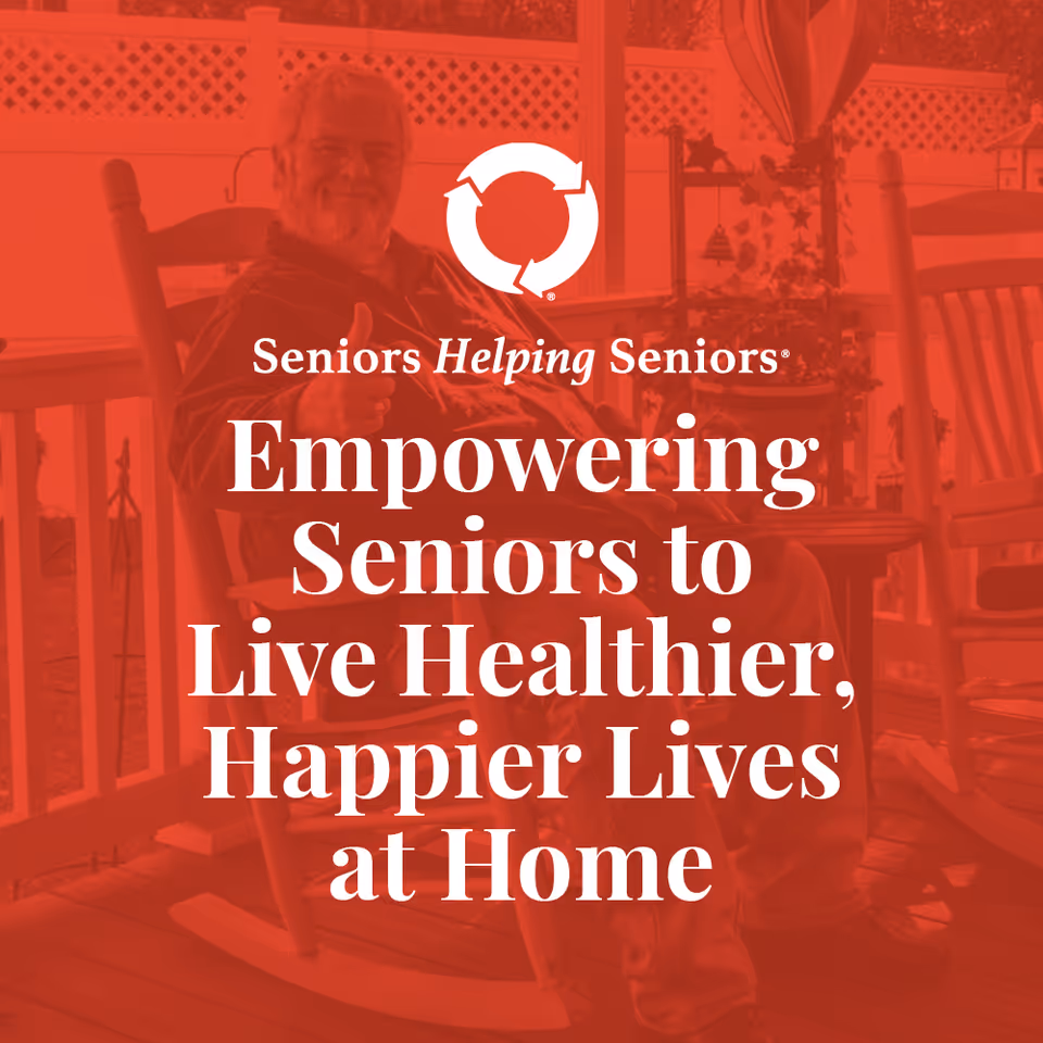 An elderly man sits on a porch chair under a red promotional overlay.