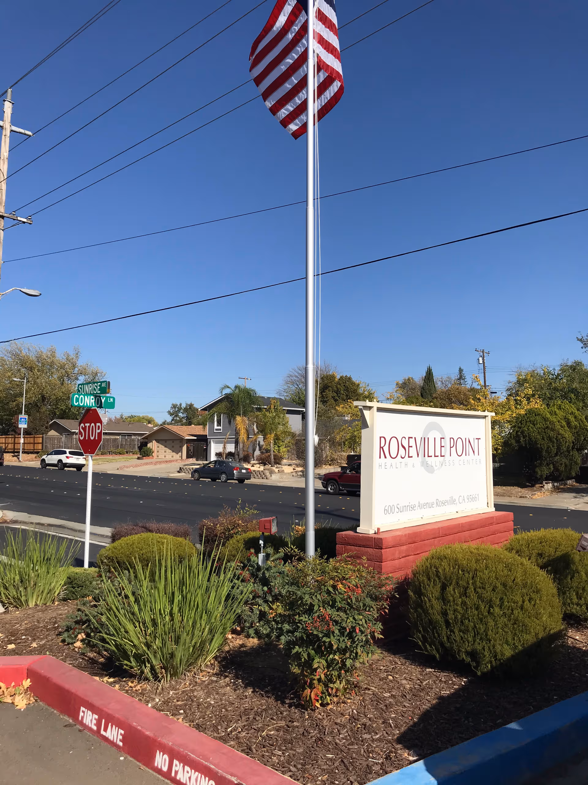 American flag stands beside the Roseville Point Health & Wellness Center sign at street entrance.