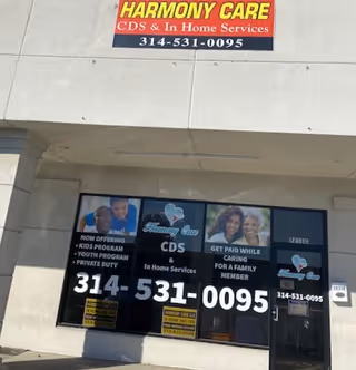 Storefront of Harmony Care CDS & In Home Services with a large sign and phone number.