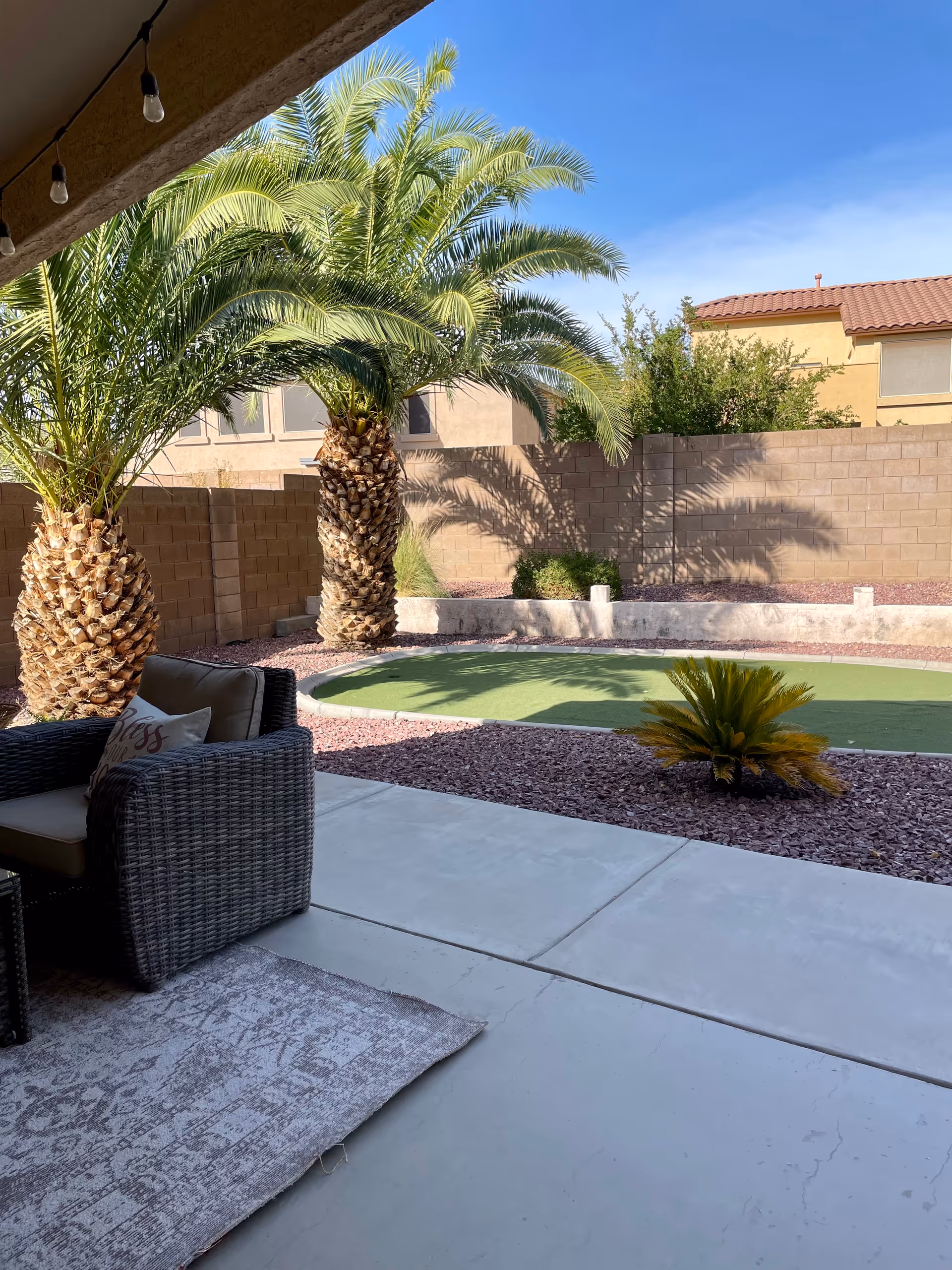 Outdoor patio area with a wicker chair and cushion, a small rug on the concrete floor, two palm trees, a small landscaped area with rocks and a small green plant, and a putting green in the background. The area is enclosed by a brick wall and there are houses visible beyond the wall under a clear blue sky.