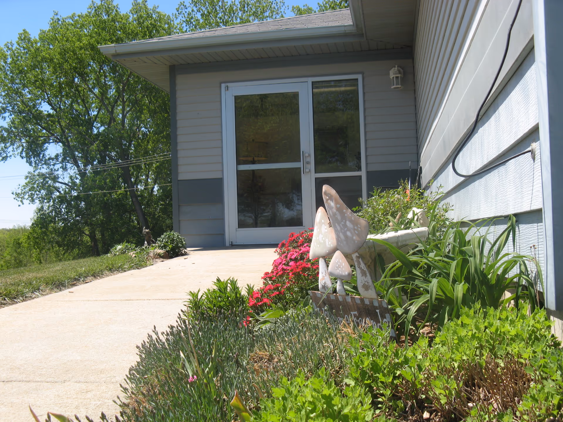 Front entrance of a building with a concrete walkway, glass double doors, and a landscaped flowerbed with decorative mushroom ornaments.