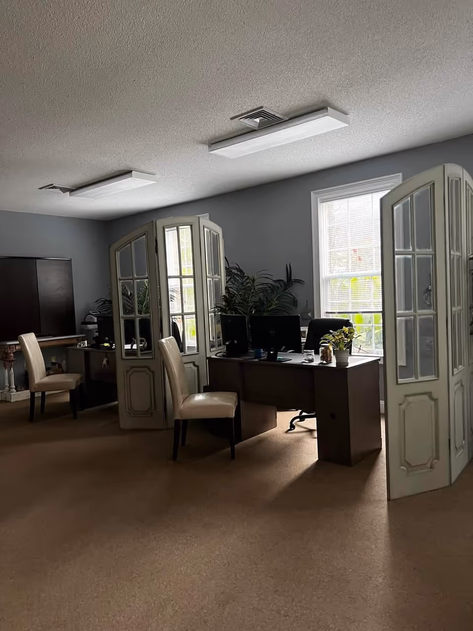 Office-like common area with desks, chairs, glass door partitions, and potted plants.