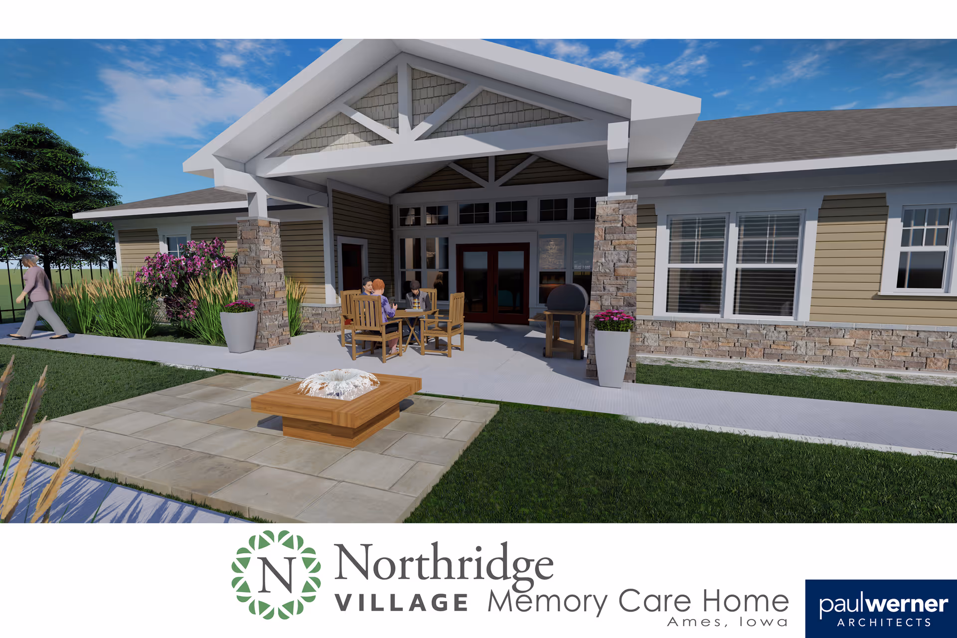 Front exterior of Northridge Village Memory Care Home with outdoor seating on a veranda.