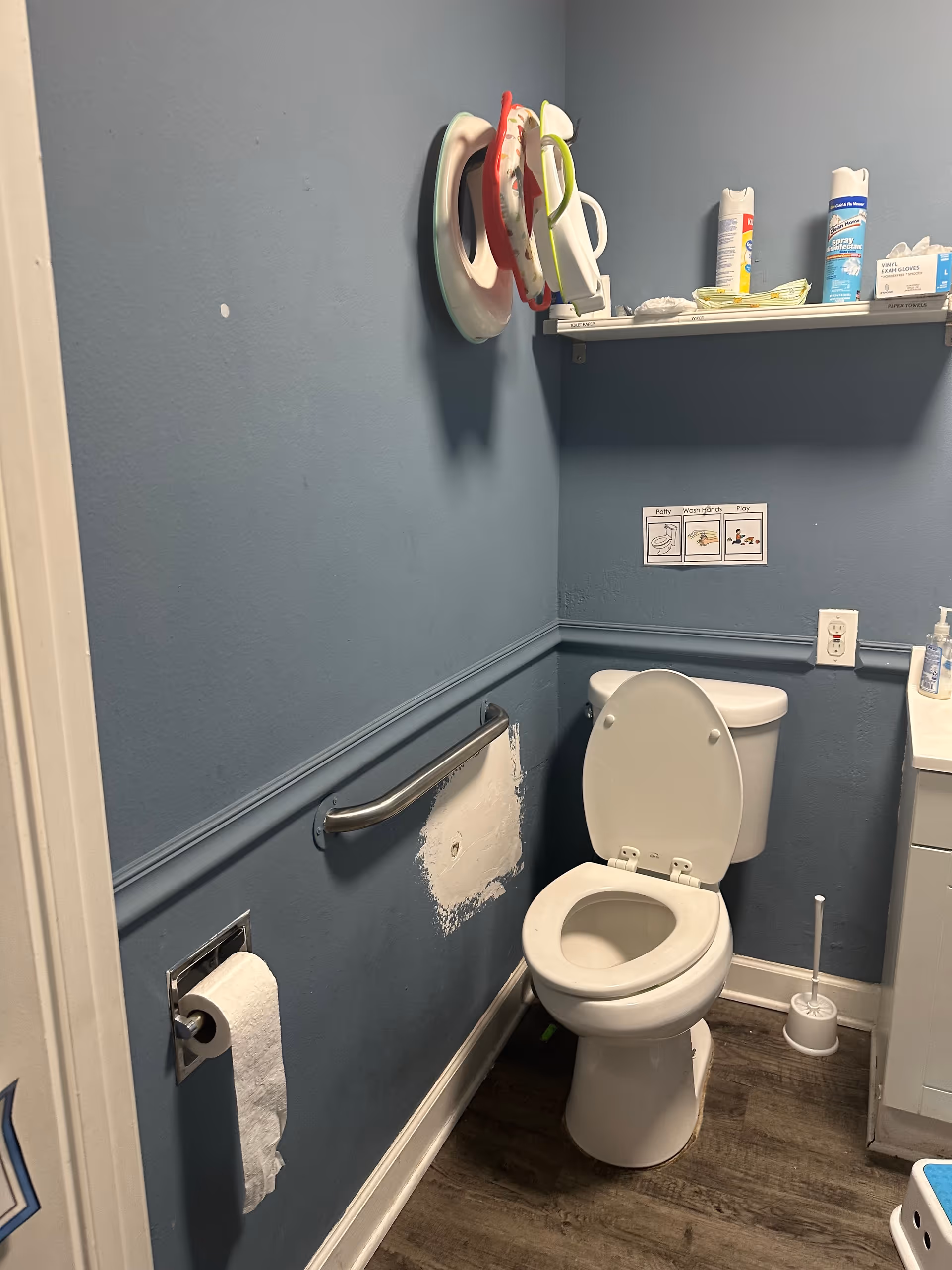 Blue bathroom with toilet, grab bar, toilet paper, shelf, and cleaning supplies.