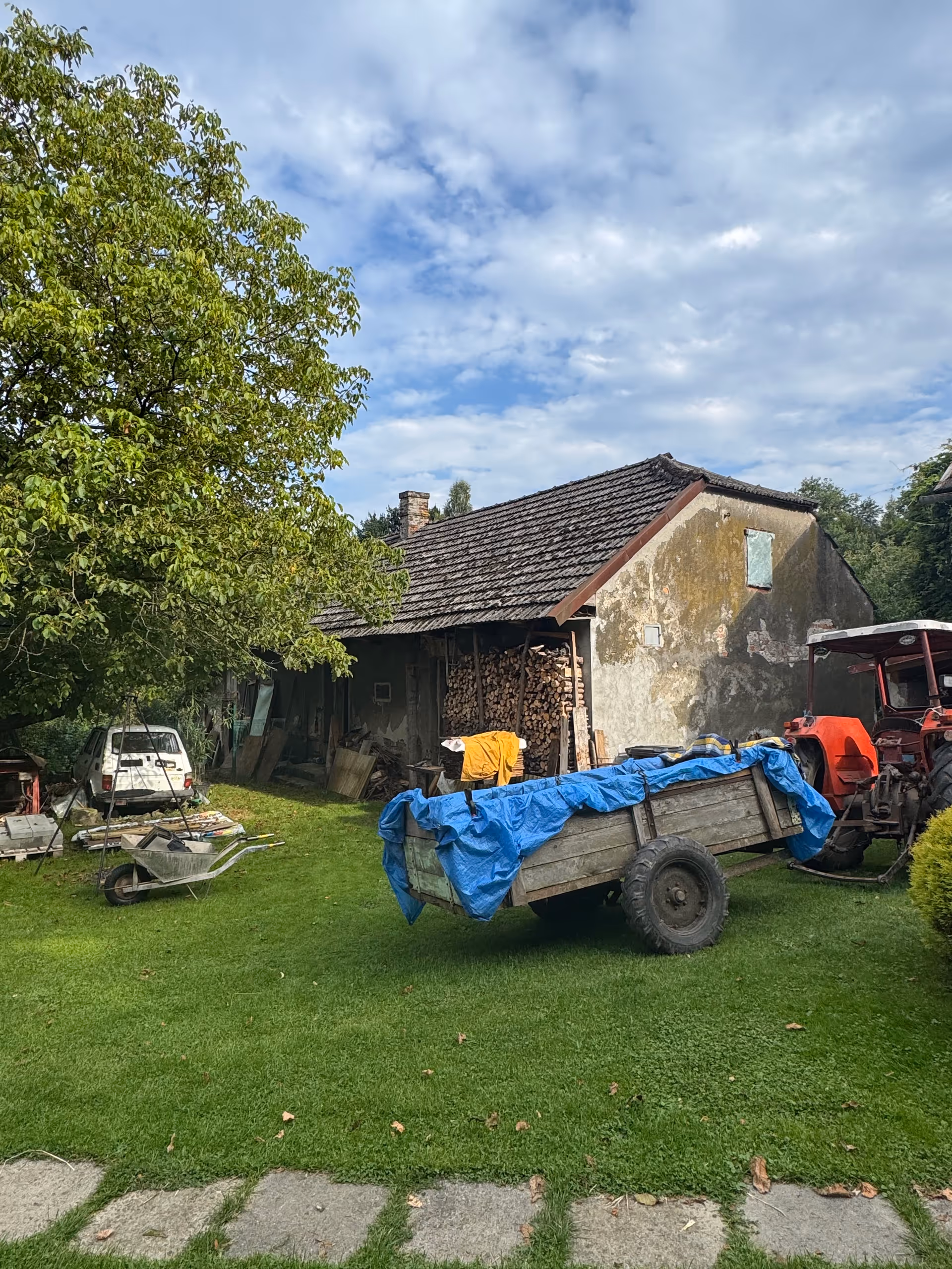 Rural yard beside a weathered building, stacked firewood, a blue tarp over a trailer, red tractor.