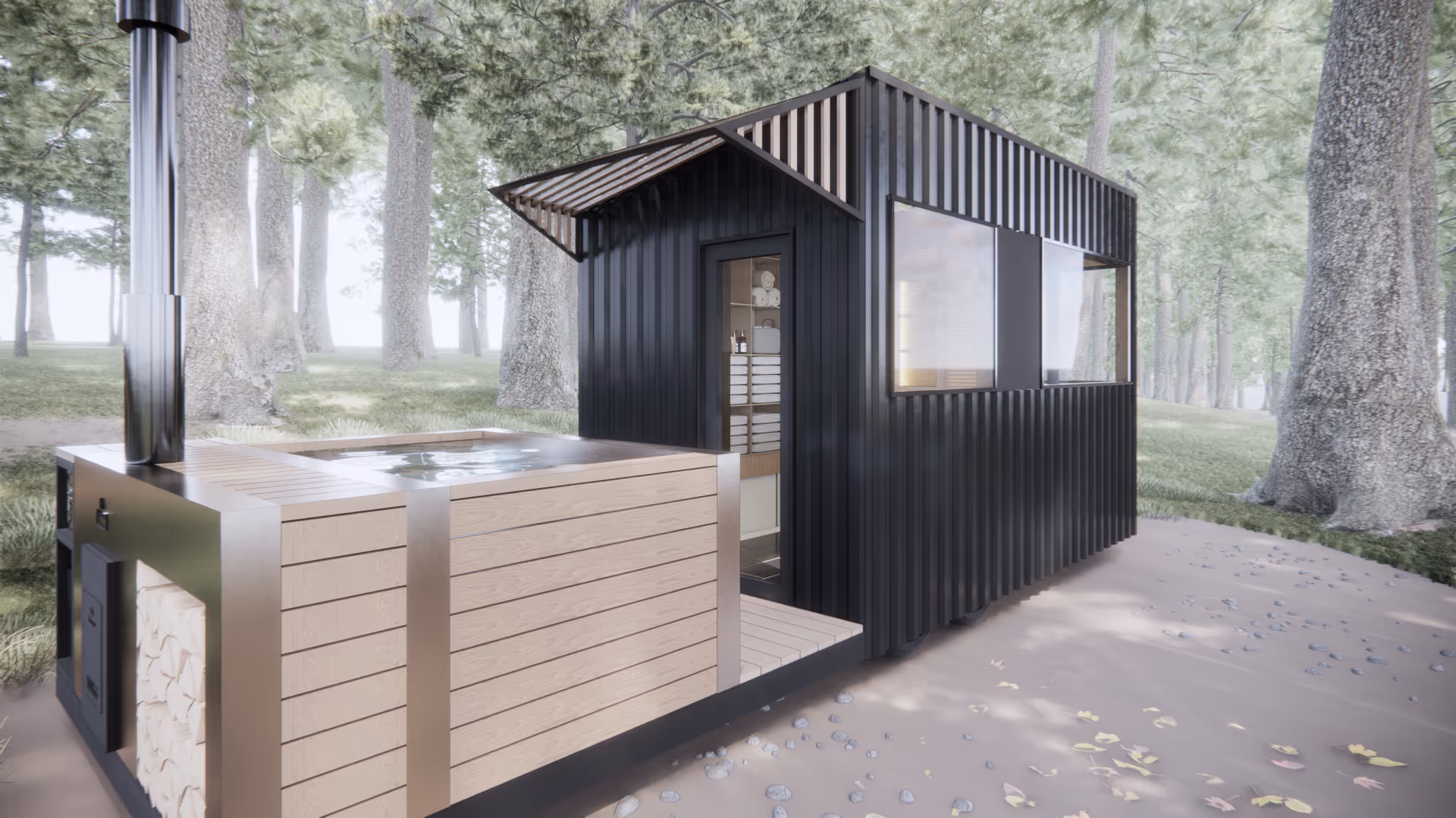 Small black modern sauna cabin in a forest clearing with wood storage and chimney.