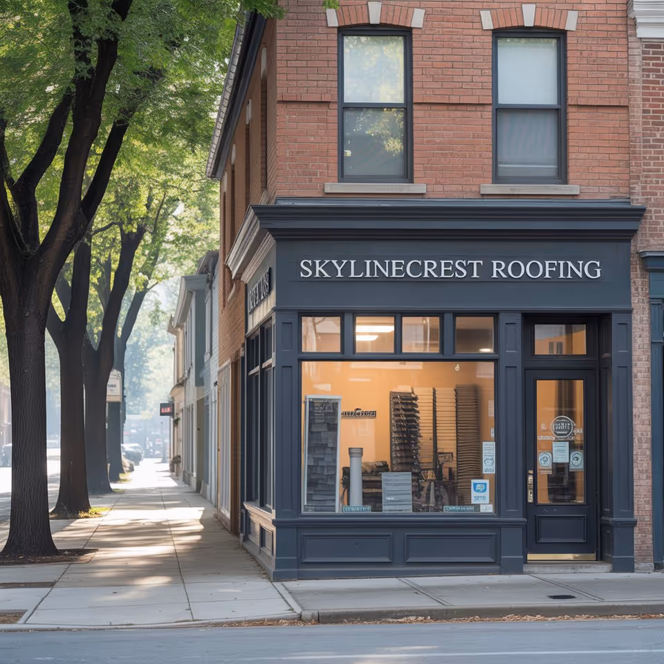 Brick storefront with SkylineCrest Roofing sign on a tree-lined street.