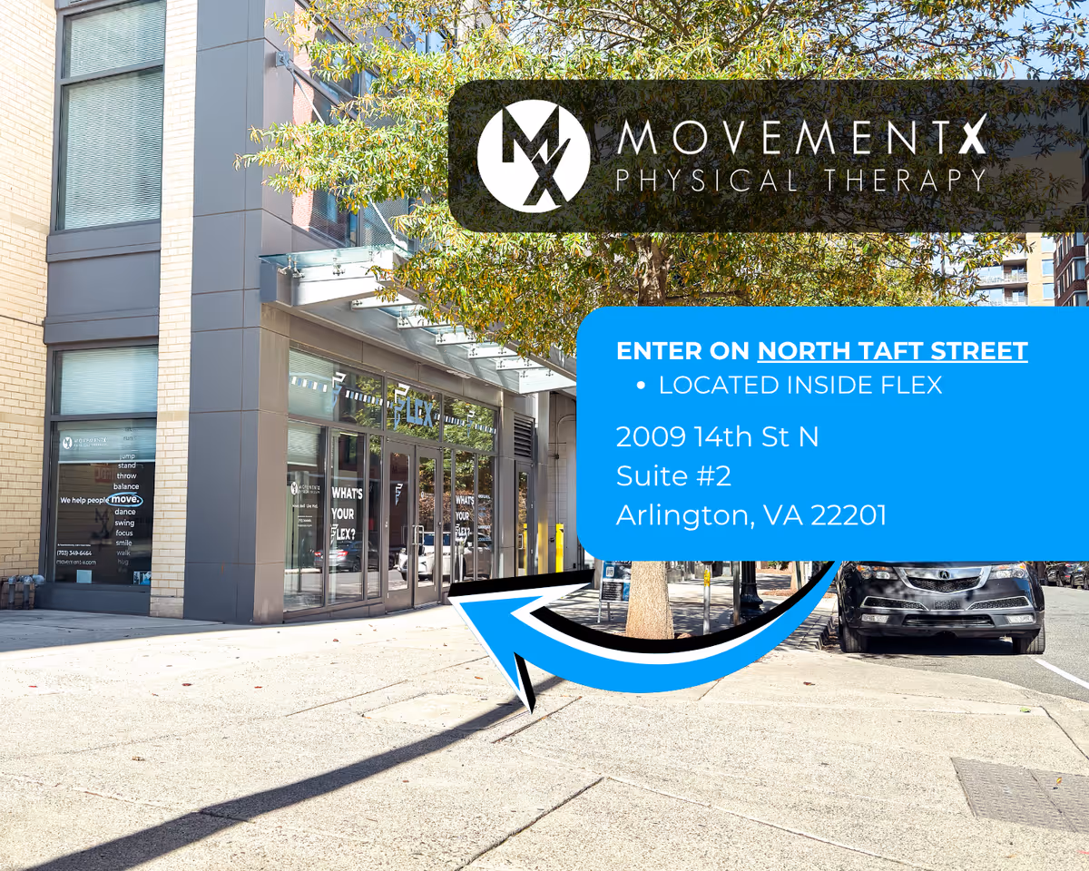 Exterior view of MovementX Physical Therapy clinic storefront in Arlington with glass doors