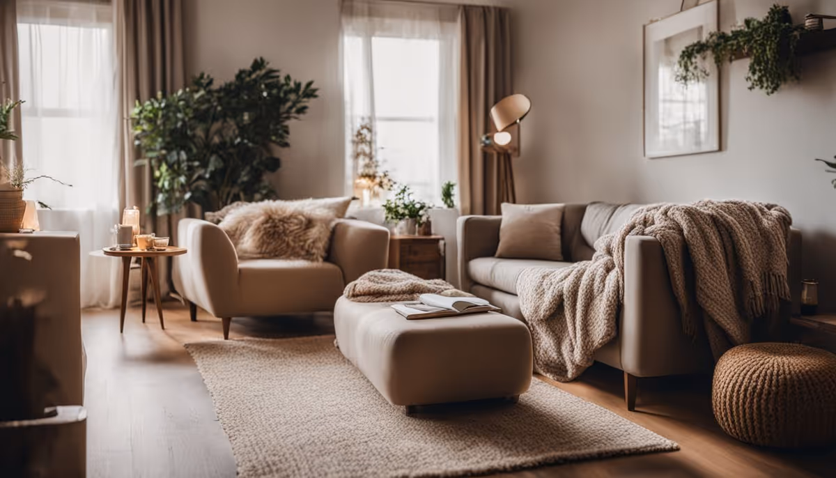 Cozy living room with beige sofas, ottoman, throws, plants, and natural light.