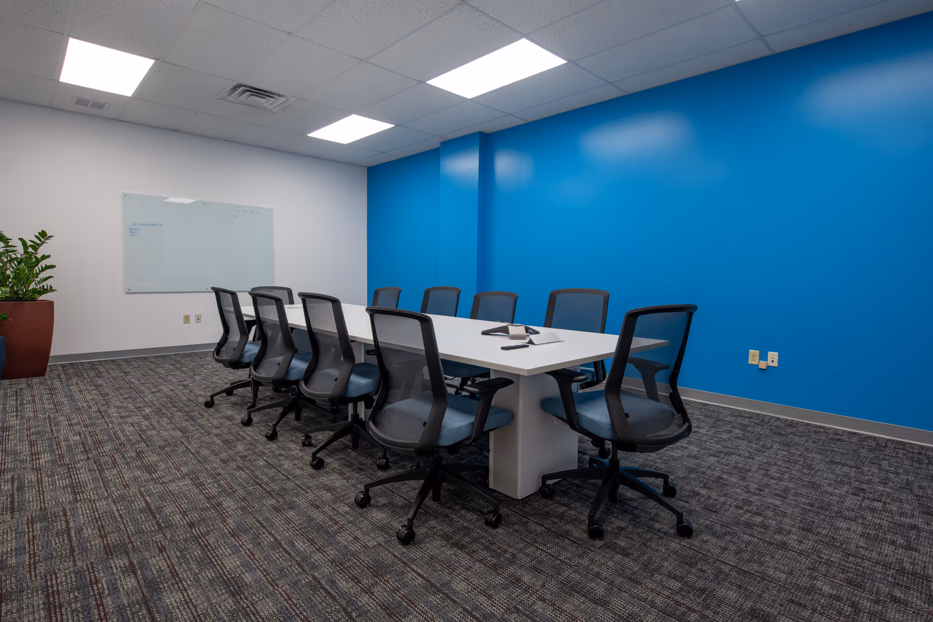 A modern conference room with a long table, black chairs, and a blue accent wall.